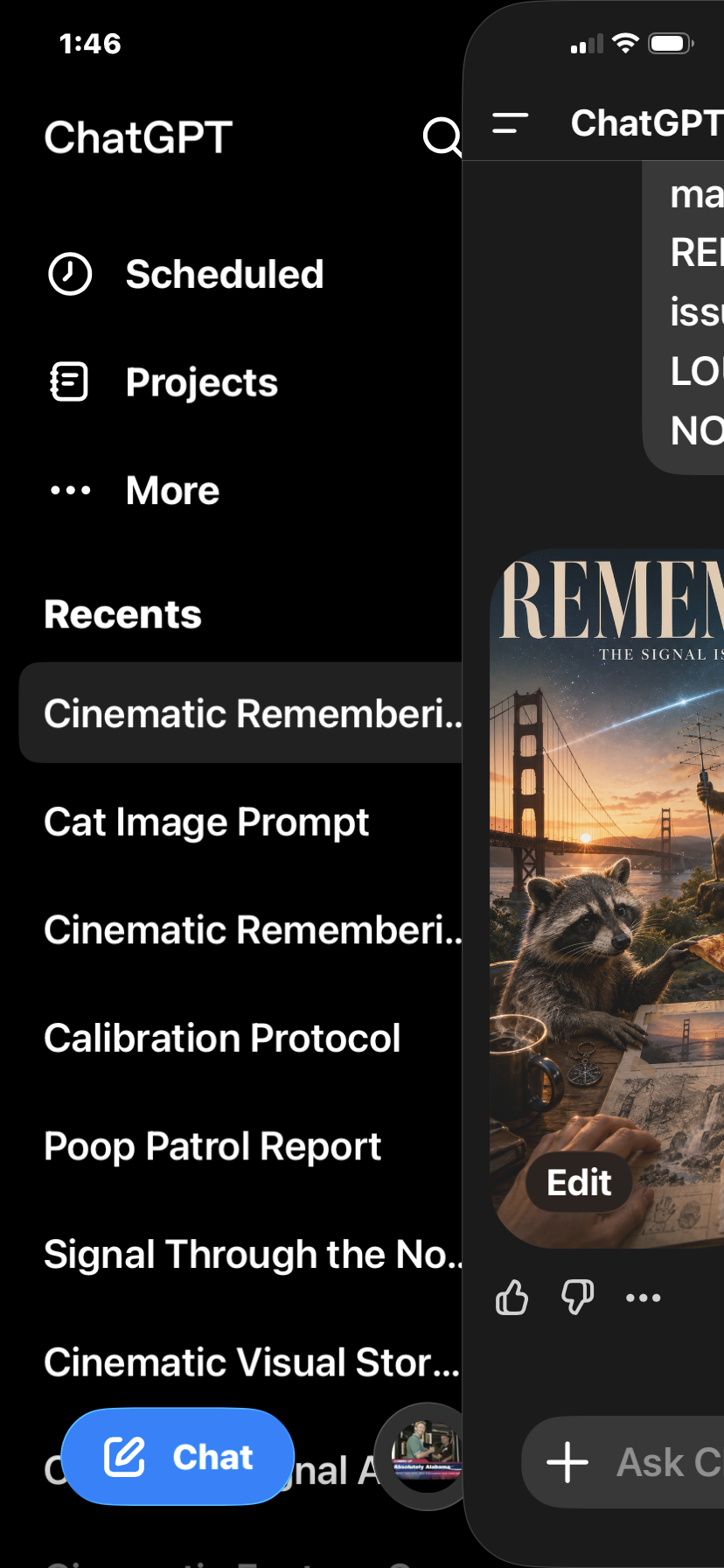 Screenshot of a mobile app with a dark background showing a menu list including 'Scheduled,' 'Projects,' 'More,' and recent projects like 'Cinematic Remembering.' On the right side, part of a webpage displays a raccoon eating pizza, with a bridge and sunset in the background.