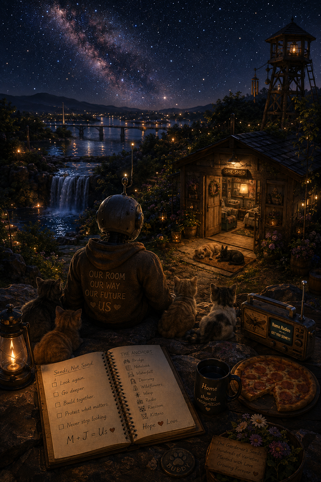 A night scene of a person with a robot head sitting on a rock, surrounded by cats, overlooking a cozy garden shed with dogs resting outside. The background features a starry sky, the Milky Way galaxy, a river, bridge, and waterfall. The image includes various objects such as an open notebook, a pizza, a lantern, a radio, and a mug with the words 'Home shared recognition.' The scene is warm and inviting, with string lights and potted plants adding to its charm.