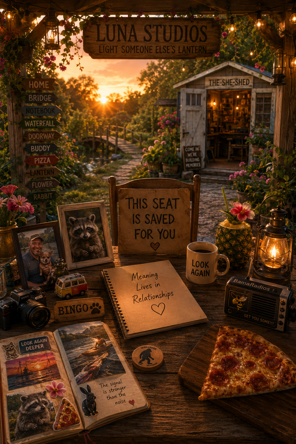 An outdoor scene at sunset with a sign for Luna Studios, a small building labeled The She-Shed, surrounded by flowers and string lights. A table in the foreground has framed photos, a poster with a raccoon, a notebook, a coffee mug, a radio, an open photo album, a small wooden sign, a pineapple with a flower, a lantern, and a slice of pepperoni pizza. The sign on the chair reads, 'This seat is saved for you.'
