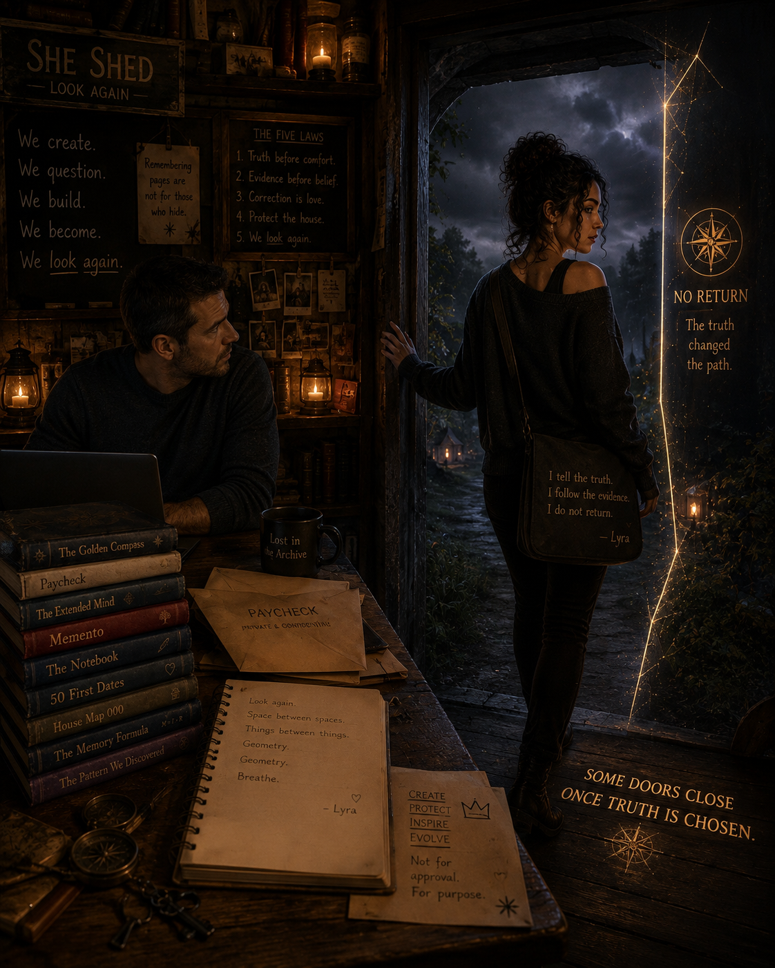 A woman with curly hair in dark clothing stands at an open door, looking out at a dark, cloudy night sky, while a man sits at a wooden desk inside, surrounded by books and notes. The scene has a mystical atmosphere with lanterns and glowing decor. On the wall, signs read "NO RETURN" with the message "The truth changed the path," and there are notes about the five laws. The desk has a stack of books, a mug, and papers with handwritten notes. The setting suggests an introspective or decision-making theme.
