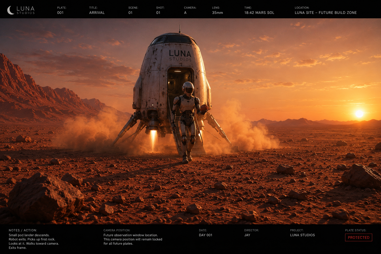 A small robotic lander with four legs and a white exterior marked 'LUNA STUDIOS' is landing on the red, rocky surface of Mars at sunset. An astronaut in a spacesuit walks away from it, holding a small object, as dust rises from the landing site. The sky shows a warm orange hue with a setting sun near distant mountains.