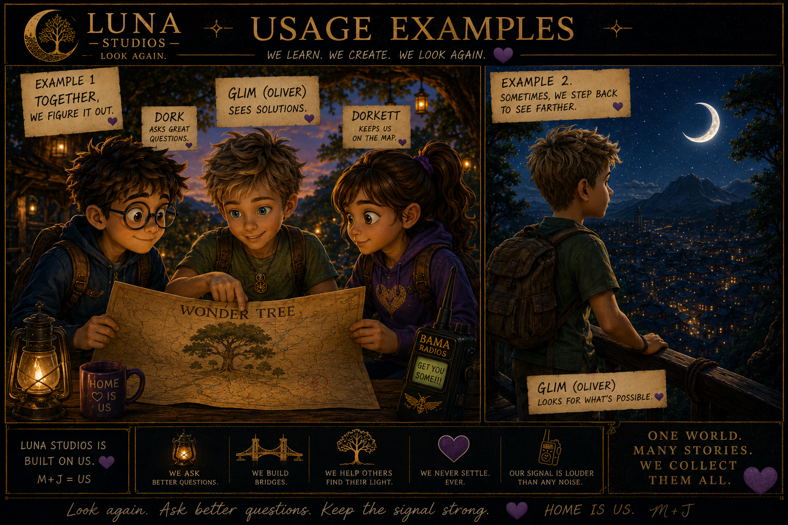Three children reading a map called 'Wonder Tree' outdoors at sunset, with lantern and coffee mug in front. Another child, looking at the night sky with a backpack, stands on a wooden balcony overlooking a lit-up city and mountain in the distance.