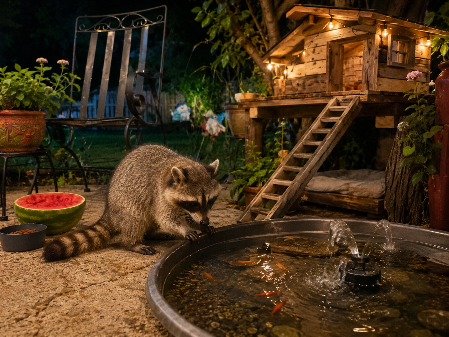 A raccoon tips water from a pond with fish, on a backyard patio at night. The scene includes a watermelon bowl, a small food dish, potted plants, a wooden birdhouse with string lights, garden furniture, and trees.