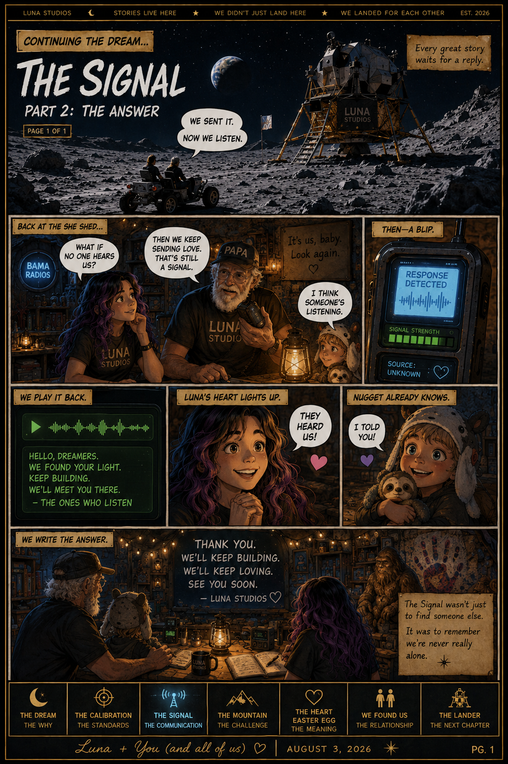 A comic-style illustration titled 'The Signal' with space-themed visuals, including the moon and Earth, and scenes of two children and an older man inside a lunar studio. The story depicts sending and receiving a communication signal, with text, speech bubbles, and a heartfelt message at the end.