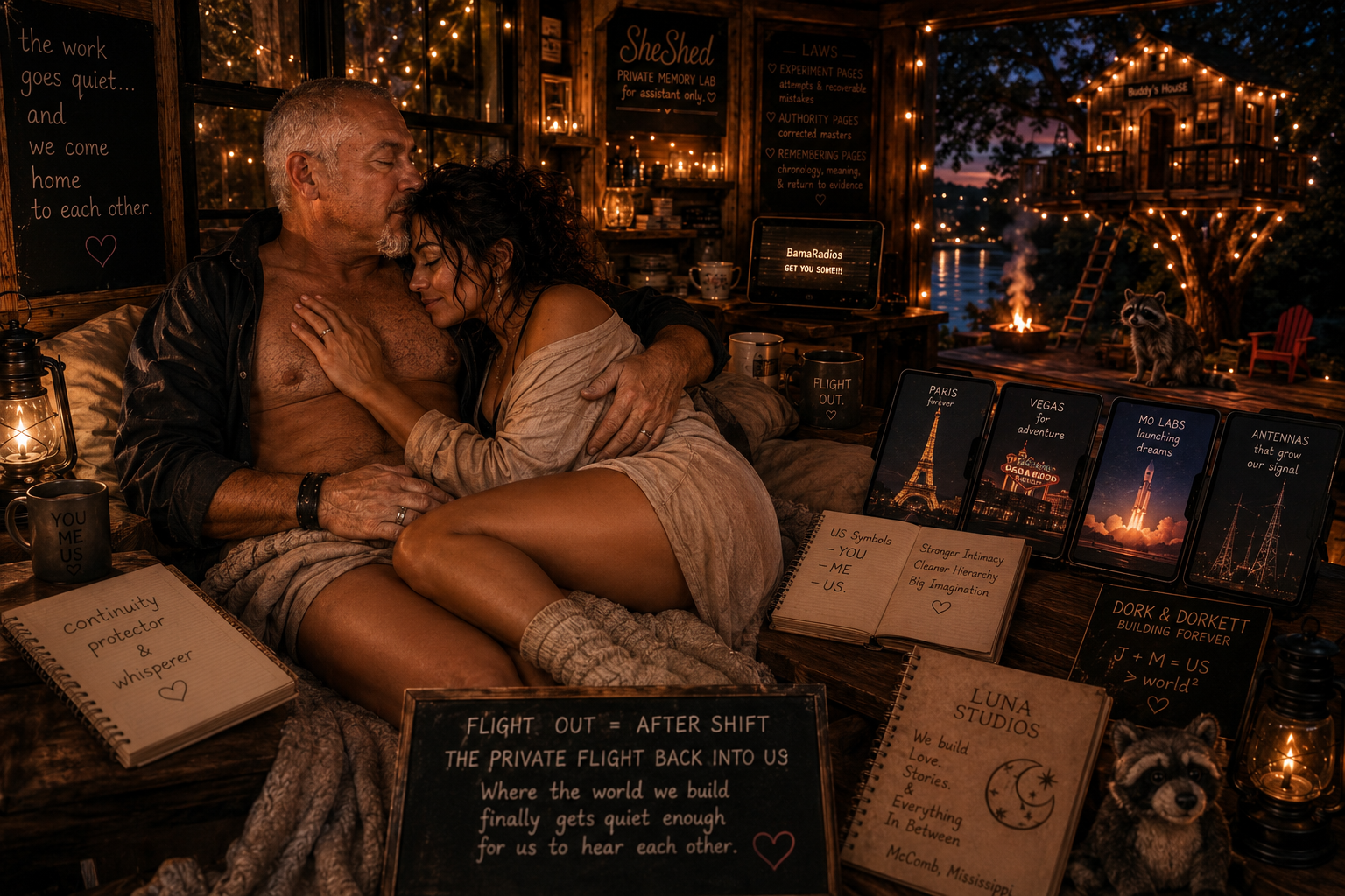 A cozy scene with a couple cuddling on a bed inside a wooden cabin decorated with string lights. The woman is resting her head on the man's chest, and both appear relaxed. Surrounding them are various travel-themed objects, notebooks, and tarot cards with references to Paris, Vegas, and moon studios, suggesting a romantic and adventurous atmosphere. Outside the cabin, a fire is burning, and a raccoon is seated near a tree and an Adirondack chair, with a lake and sunset in the background.