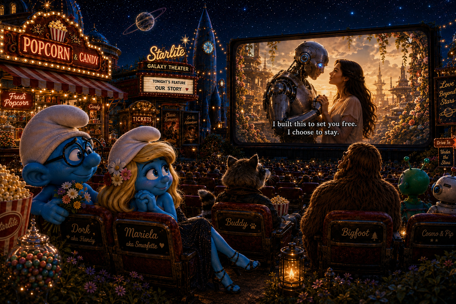 An animated movie theater scene at night with characters from 'Toy Story' watching a film. Buzz Lightyear and Bo Peep, along with other characters, sit in front of a large outdoor cinema screen showing a robot and a woman with sunset background. The theater is decorated with carnival booths, signs, and string lights, creating a whimsical atmosphere.