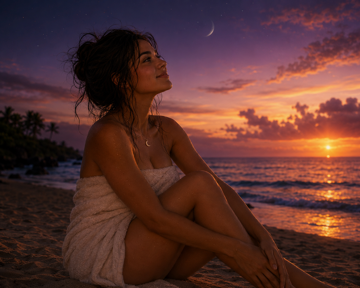 A woman sitting on the beach wrapped in a towel during sunset, with palm trees in the background, water, and a crescent moon in the sky.