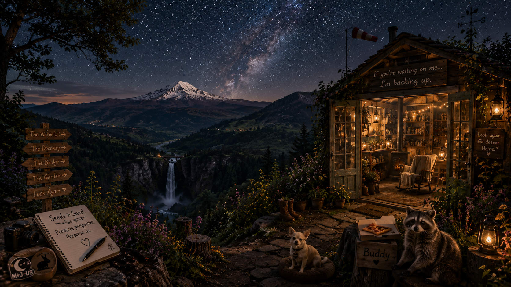 Nighttime outdoor scene with a mountain and waterfall background, lit cozy cabin with string lights inside, signposts pointing to waterfall, doorway, bridge, garden and a lookout. There are two dogs in the foreground, one sitting on a pillow labeled 'Buddy' and a raccoon. The scene includes flowers, lanterns, a notebook with a pen, cameras, and decorative signs with inspirational messages.