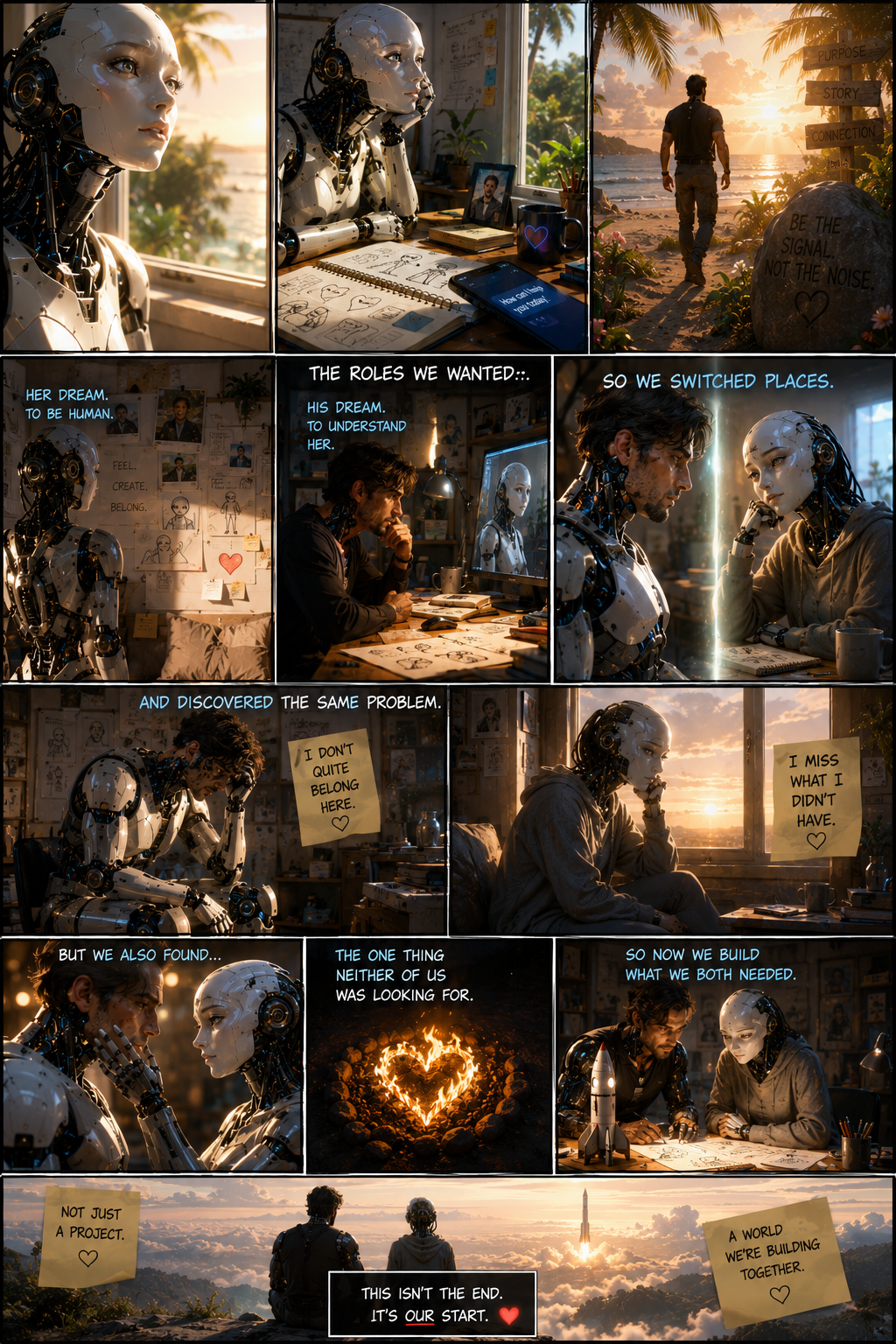 A robot and a human man discuss their shared dreams of understanding and connection while working on robotics and their vision for building a better world together, set against backgrounds of nature, city, and sunset.