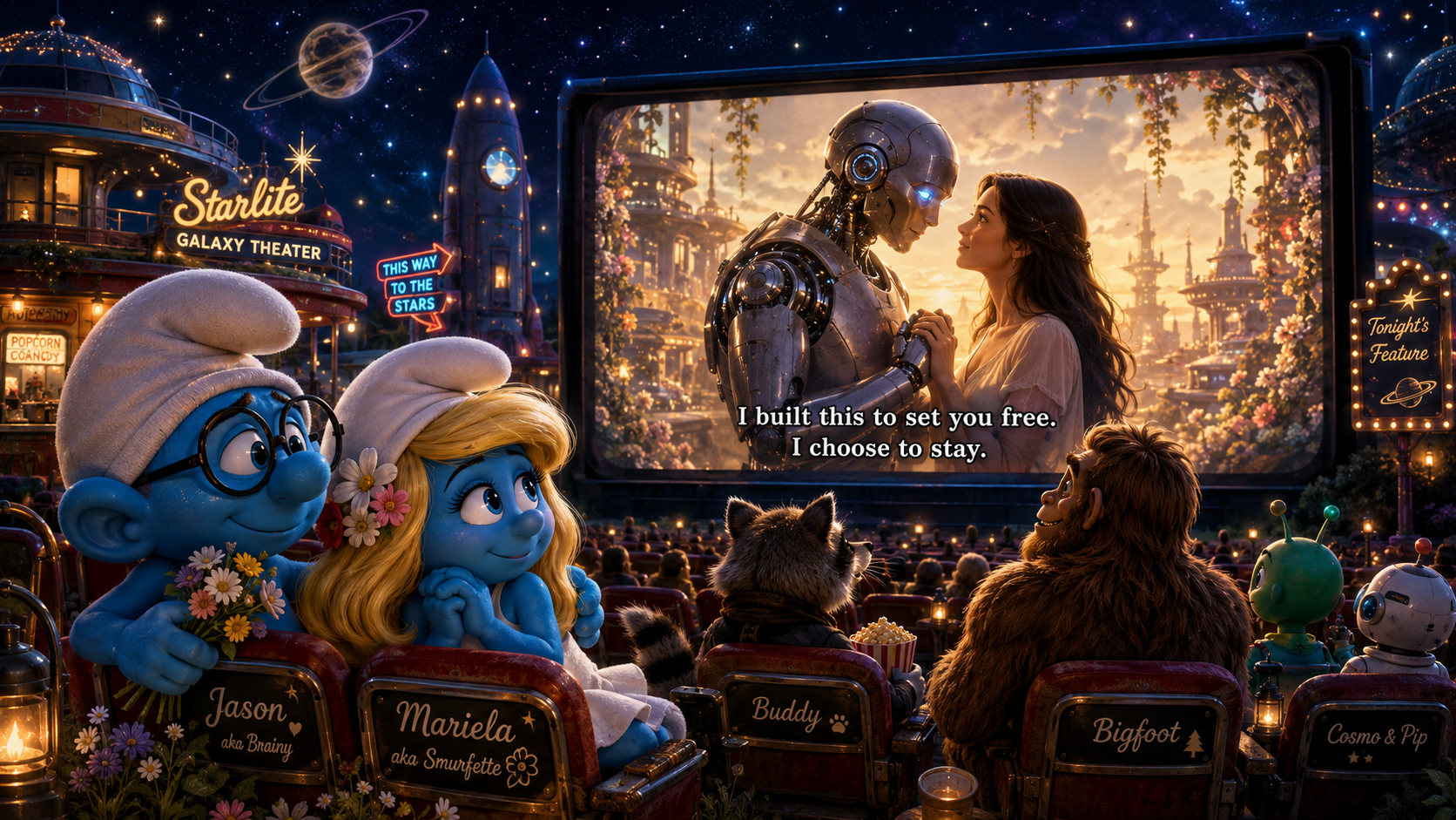 Animated movie theater scene with characters from Smurfs watching a sci-fi movie. The audience includes a blue Smurf with glasses holding flowers, a female Smurf with long blonde hair and flowers in her hair, a raccoon, a bigfoot, and two robots. The movie shows a robot and a woman holding hands with a sunset background. There are signs indicating a galaxy theater, popcorn stand, and a sign for tonight's feature. The theater is decorated with stars and space-themed elements.