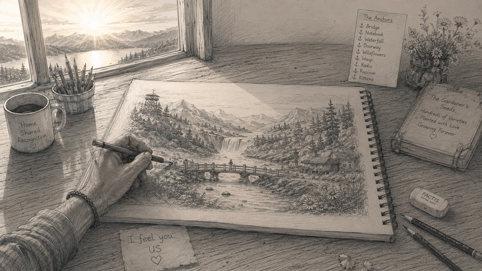 A detailed pencil sketch showing a person's hand drawing a landscape of mountains, a river, and a bridge on a spiral-bound sketchbook. The scene is set on a wooden desk by a window with sunlight. Nearby are pencils, an eraser, and a cup labeled 'Home Shared Recognition' with a heart. Also on the desk are notes, a notebook, a jar with flowers, and a few pens.