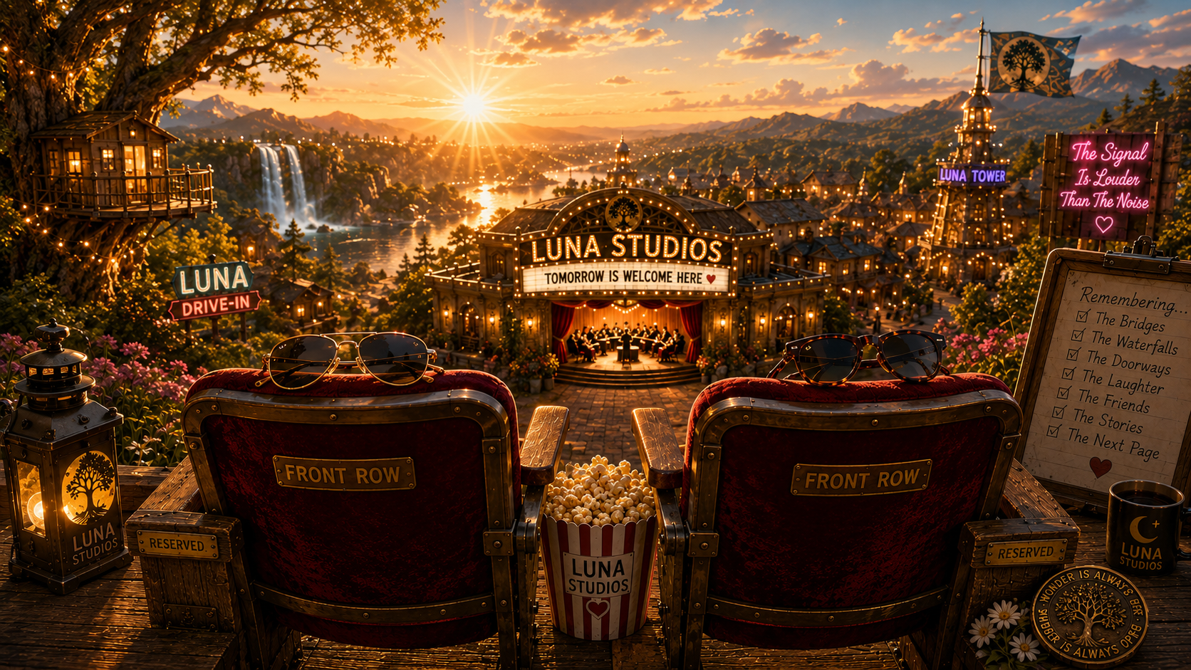 A romantic outdoor movie theater at sunset in a scenic mountainous setting with a lake, waterfalls, and forest. Two cinema seats with sunglasses, popcorn, and signs reading "Reserved" face a stage with a band. Neon signs and string lights adorn the scene, creating a cozy, whimsical atmosphere.