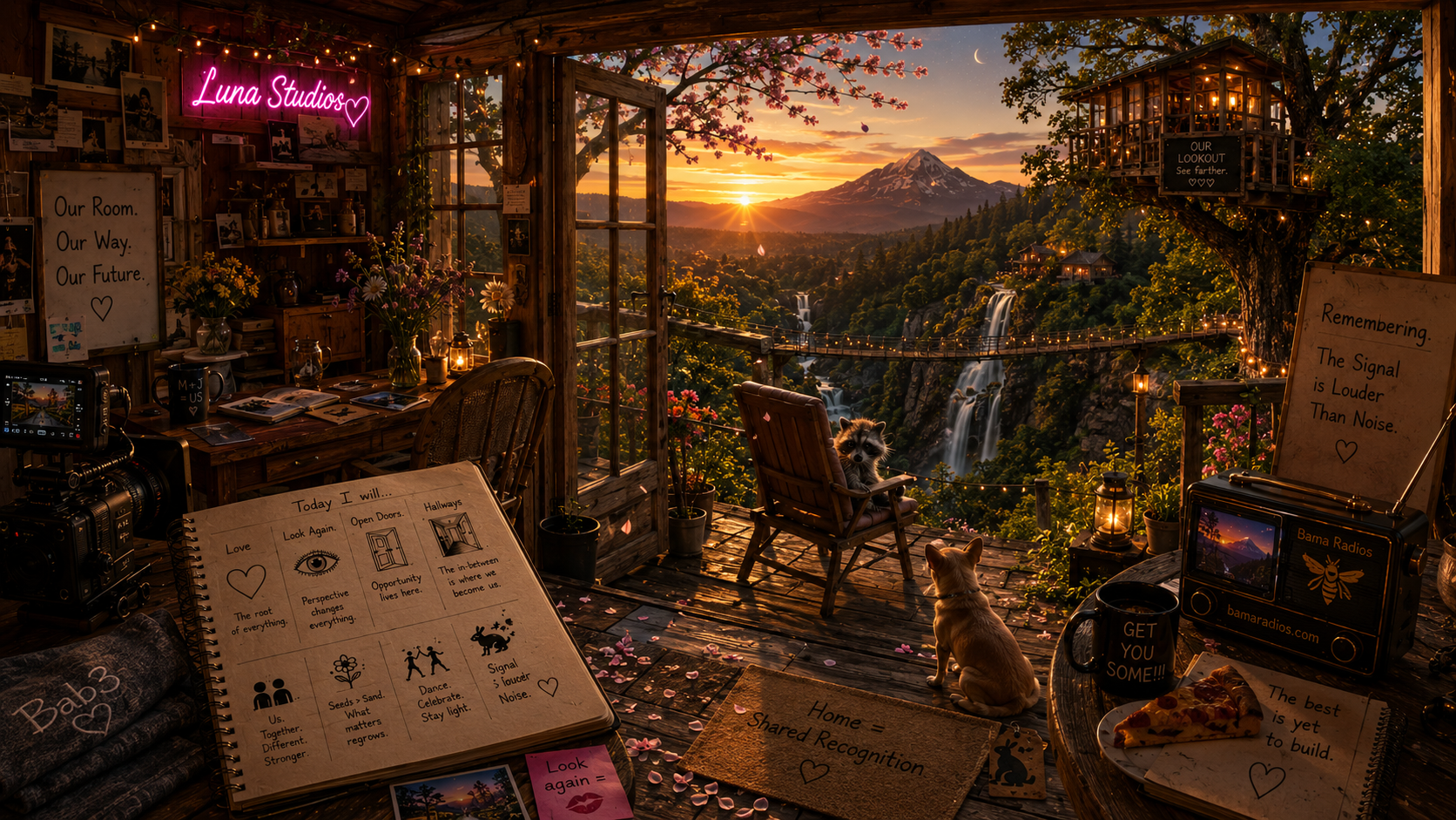 A cozy outdoor space at sunset overlooking waterfalls and a mountain, with string lights, potted plants, and decorative signs. Pets sit on the wooden deck, and there is a table with a slice of pizza, a camera, and inspirational notes.