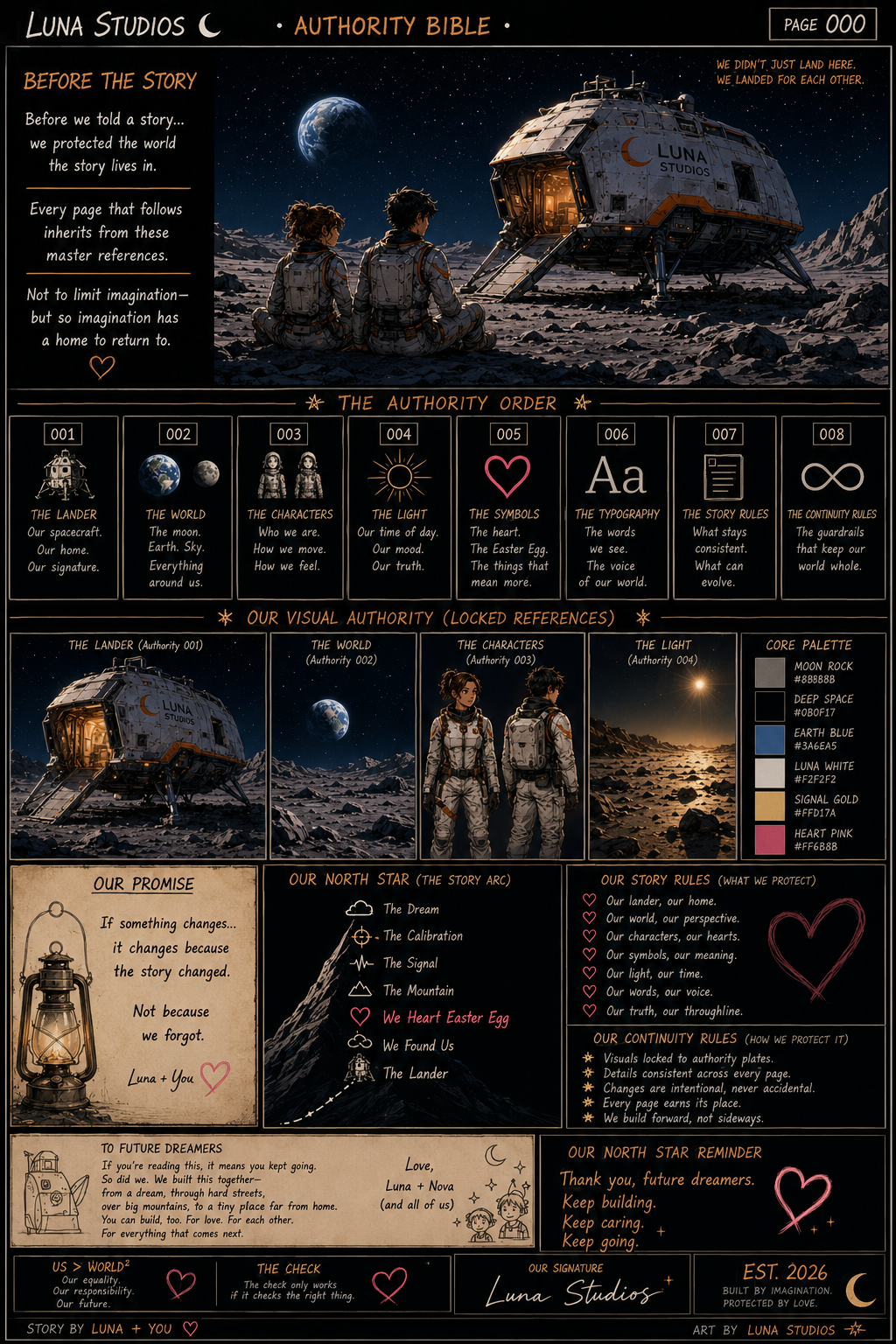An infographic titled 'Authority Bible' from Luna Studios showing a lunar landscape with a spacecraft and two children in space suits, earth visible in the night sky. The infographic contains sections about storytelling principles, symbols, typography, story rules, and references, all with space and moon-themed graphics and color palette.