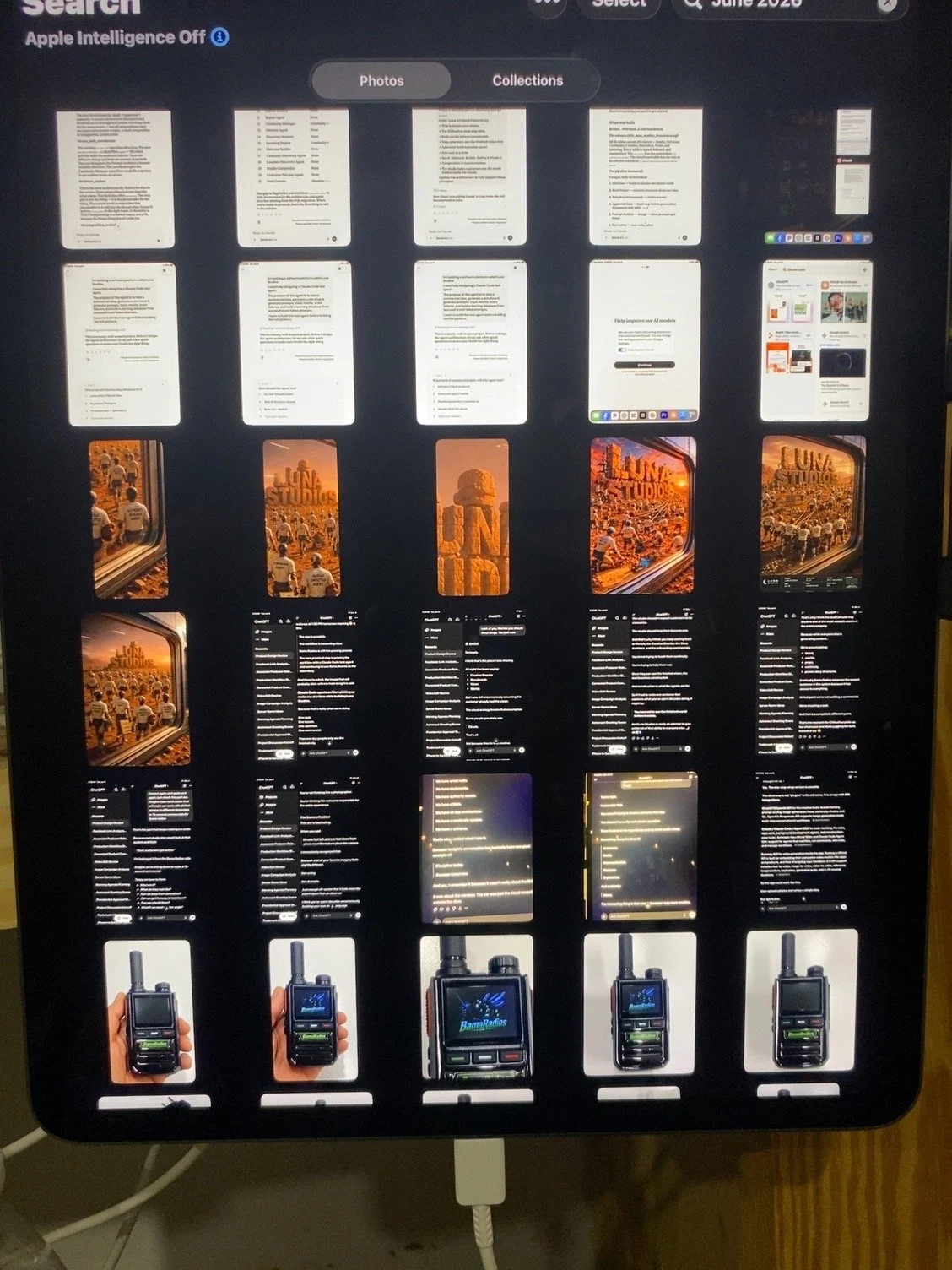 Screenshot of a digital device with multiple pages and images, including some with the text 'LUNA STUDIOS' on a sunset background and images of handheld radios.