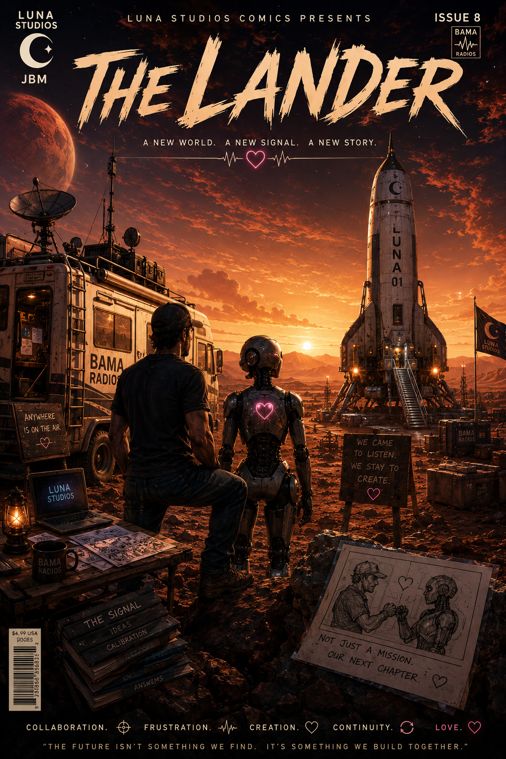 A futuristic scene on Mars with a man and robot sitting next to a communication van and large rocket. The sunset sky features a large moon and clouds, with signs indicating radio communication and creative collaboration.