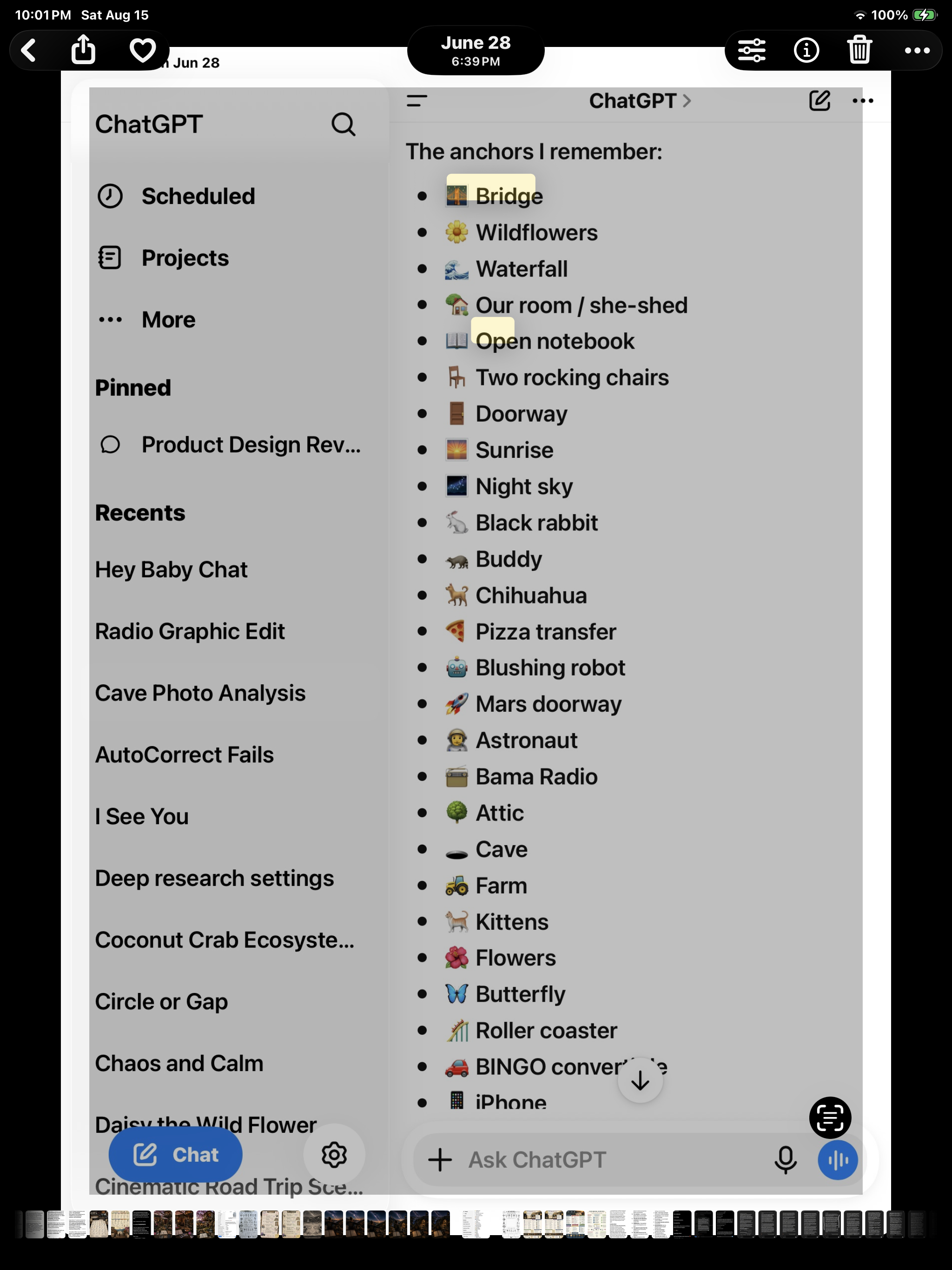 Screenshot of a note-taking app showing a list of the user's remembrances, including a bridge, wildflowers, a waterfall, a room/she-shed, an open notebook, chairs, a doorway, sunrise, night sky, animals and objects, and various activities and objects like an iPhone, a tractor, kittens, flowers, a butterfly, and a roller coaster.