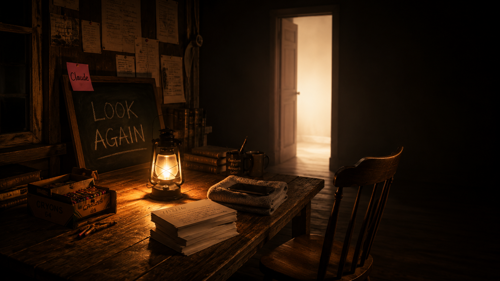 A dimly lit rustic study room with a wooden table illuminated by a lantern. On the table are stacks of paper, a folded towel, a smartphone, and a mug. Behind the table, a chalkboard displays the words "LOOK AGAIN" and a pink sticky note with "Claude." The room has wooden walls with various papers pinned up, and an open door leading to a sunlit space.