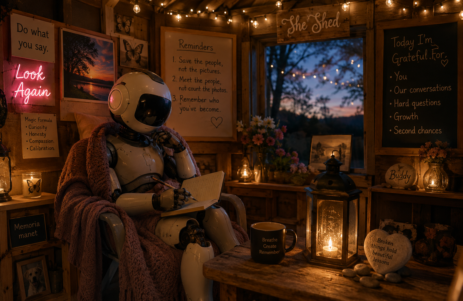 Inside a cozy, rustic wooden shed decorated with string lights, with a robot sitting in a chair, reading a notebook. The shed has various inspirational signs, photos, flowers, candles, and decorative items, creating a warm and inviting atmosphere during sunset.
