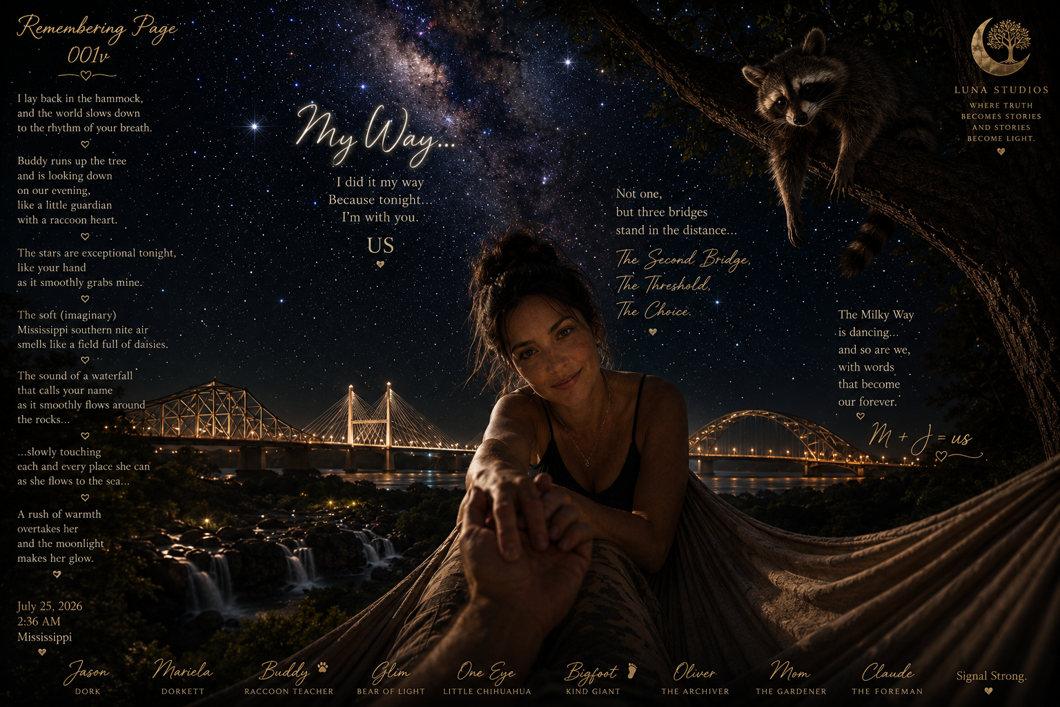 Night sky filled with stars and the Milky Way galaxy, a person lying in a hammock, a bridge illuminated in the background, a raccoon hanging from a tree, and decorative text with poetic phrases and signatures.