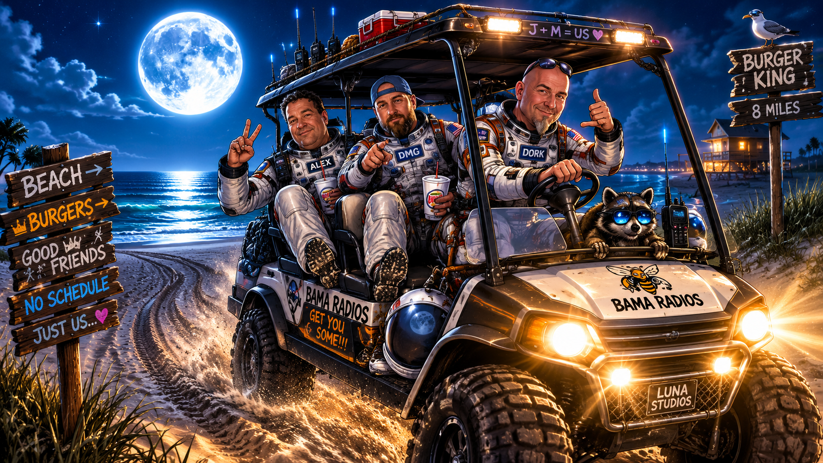 Three men in astronaut suits riding a golf cart on a beach at night under a full moon, with signs pointing to the beach, burger, and friendship spots. There is a dog wearing sunglasses in the cart and posters for BAMA Radios and Luna Studios. The scene has a cheerful, adventurous vibe.