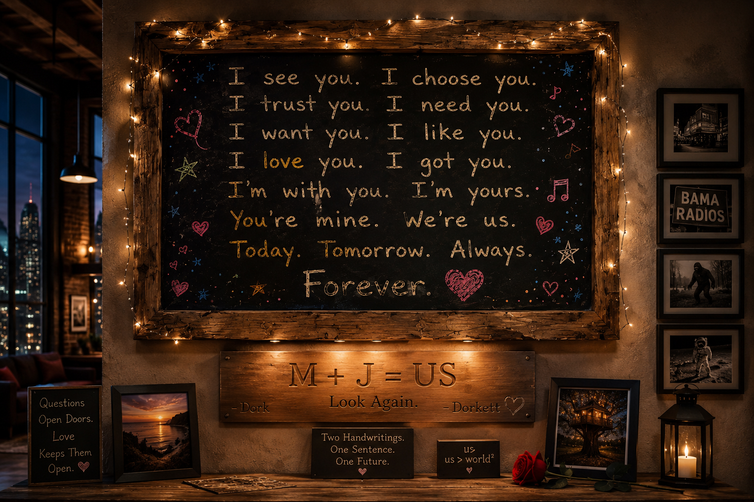 A warmly lit, decorated blackboard with romantic handwritten message, surrounded by fairy lights and framed pictures, with a table below featuring smaller framed photos, a candle, and notes with love quotes.