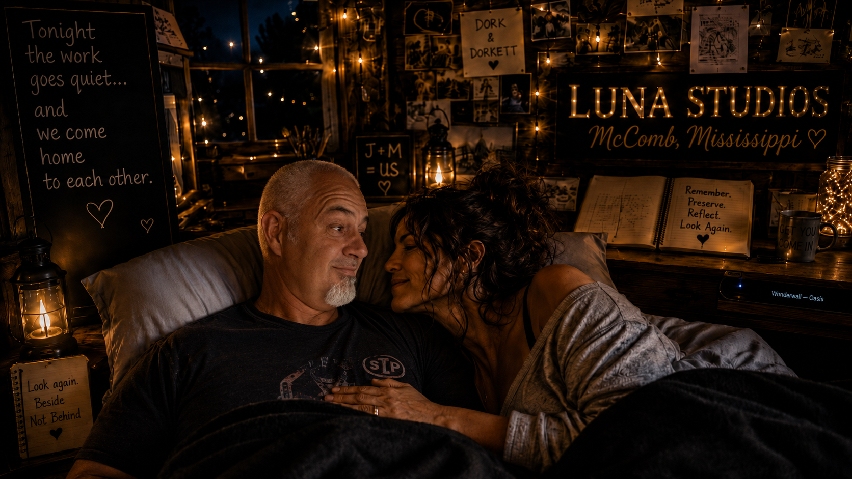 A man and woman lying in bed close to each other, smiling, in a cozy room decorated with string lights and various signs, photos, and quotes on the wall behind them.