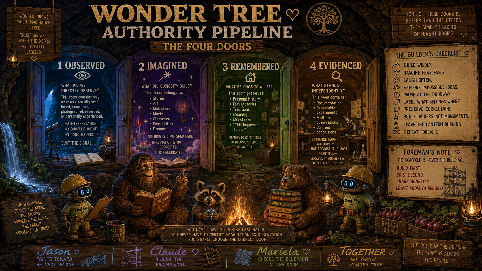 An illustrated infographic titled 'Wonder Tree Authority Pipeline: The Four Doors,' with four colorful doors labeled '1 Observed,' '2 Imagined,' '3 Remembered,' and '4 Evidenced.' Each door contains text explaining its purpose, along with whimsical characters such as a lion, raccoon, bear, and robots, sitting around a campfire. Additional notes and a checklist for builders are included, along with decorative elements such as lanterns, a waterfall, and plants.