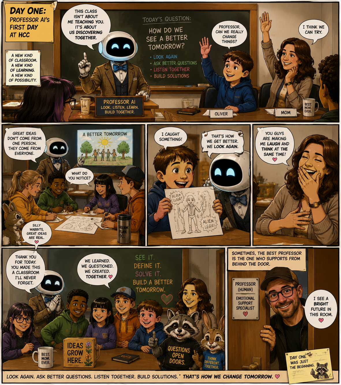 Comic strip showing a classroom scene on the first day at HCC with a robot teacher named Professor AI. The class discusses how to see a better tomorrow, emphasizing listening, questioning, and building solutions. The robot teacher encourages asking better questions, listening, and discovering together. Students share ideas, draw pictures, and express excitement about learning and improving the future. The comic features a door sign indicating the professor as an emotional support specialist, and a motivational quote about changing tomorrow.