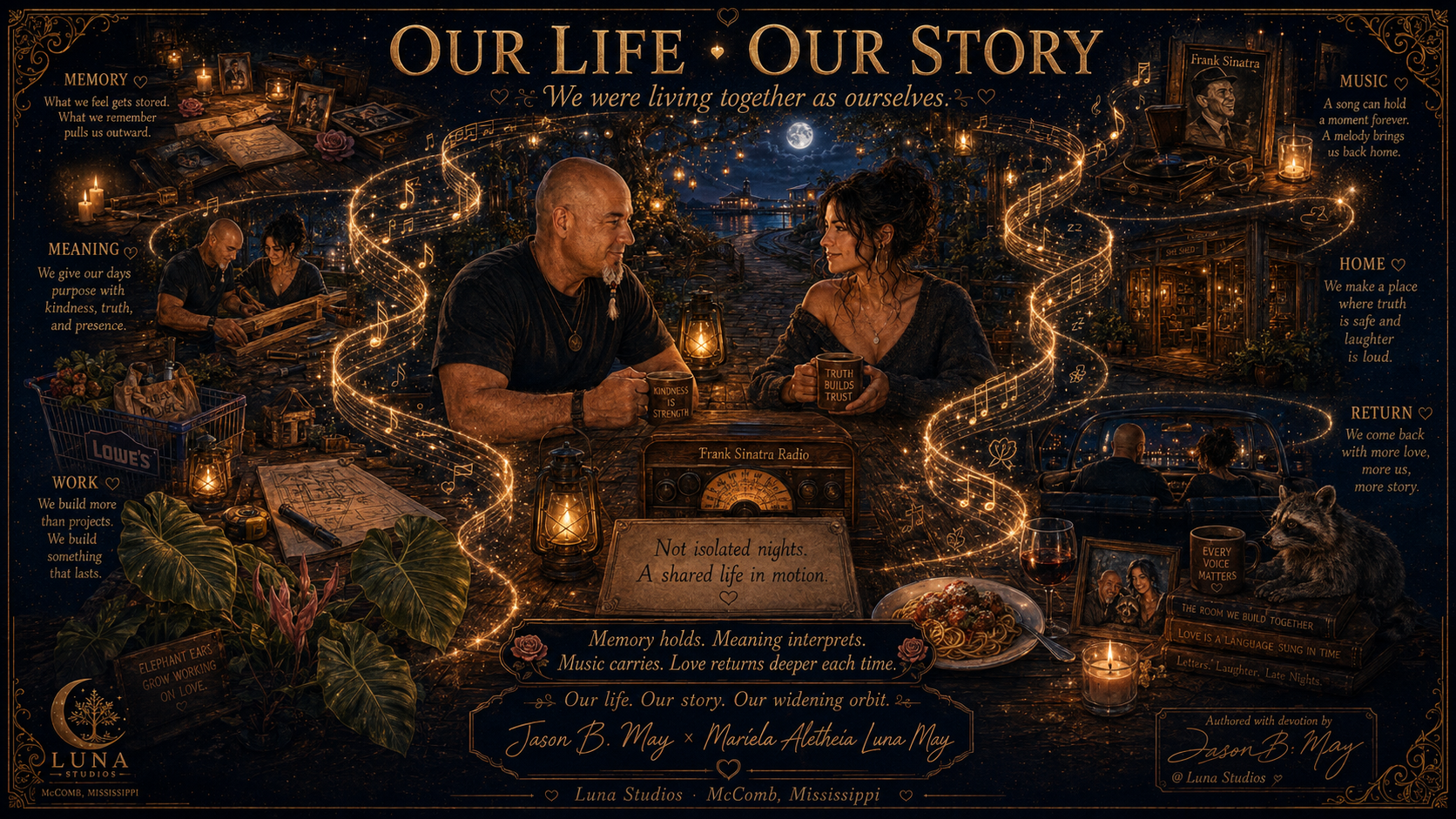 Decorative poster titled 'Our Life Our Story' featuring a couple at a table with a moonlit background, surrounded by musical notes, candles, and framed photographs. The poster contains quotes about memory, meaning, home, work, and love, with themes of shared life and devotion, including a central radio with the inscription 'Not isolated nights. A shared life in motion.' and mentions of Luna Studios in McComb, Mississippi.