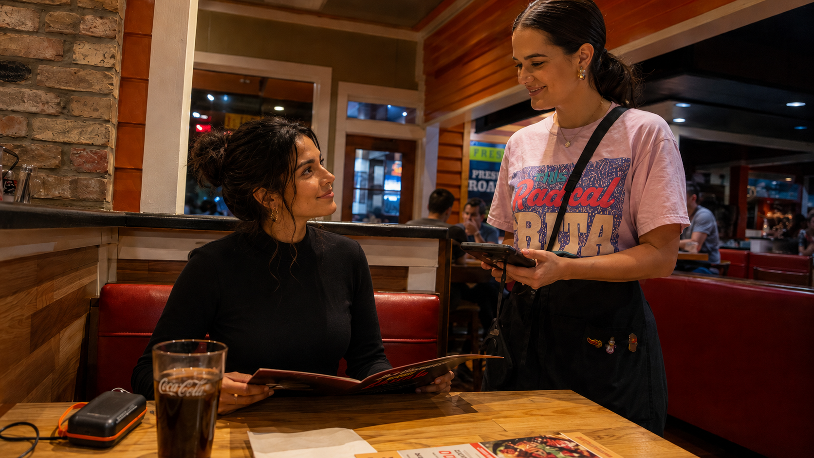 A woman with curly dark hair sitting at a restaurant table, looking up at another woman standing and holding a phone. The standing woman has dark hair tied back, wearing a pink T-shirt with colorful text. The restaurant has warm wooden decor and other patrons in the background.