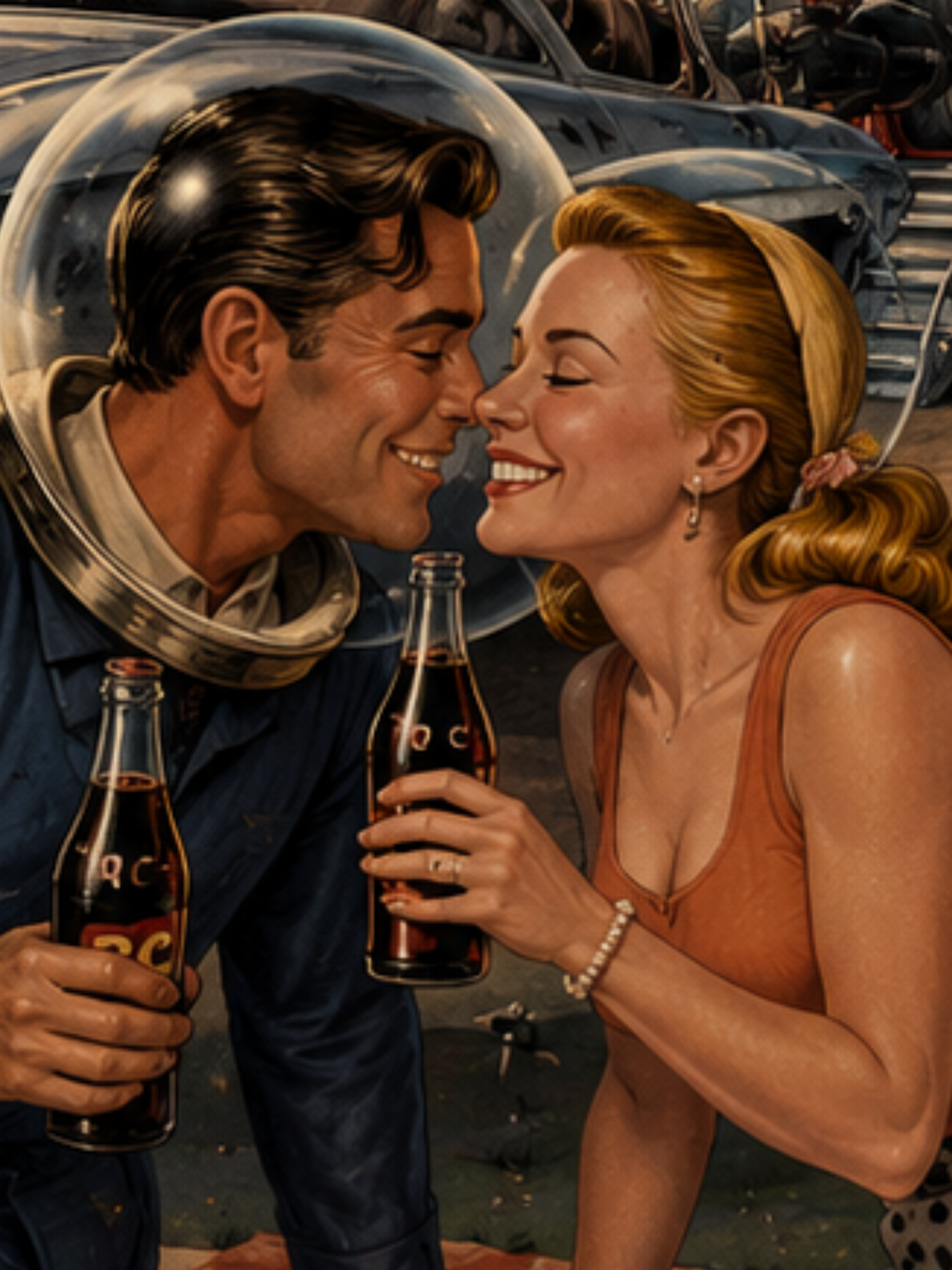 A vintage-style poster of a romantic scene showing a man in a space suit and a woman in a tank top, holding bottles of soda, with their faces close together.