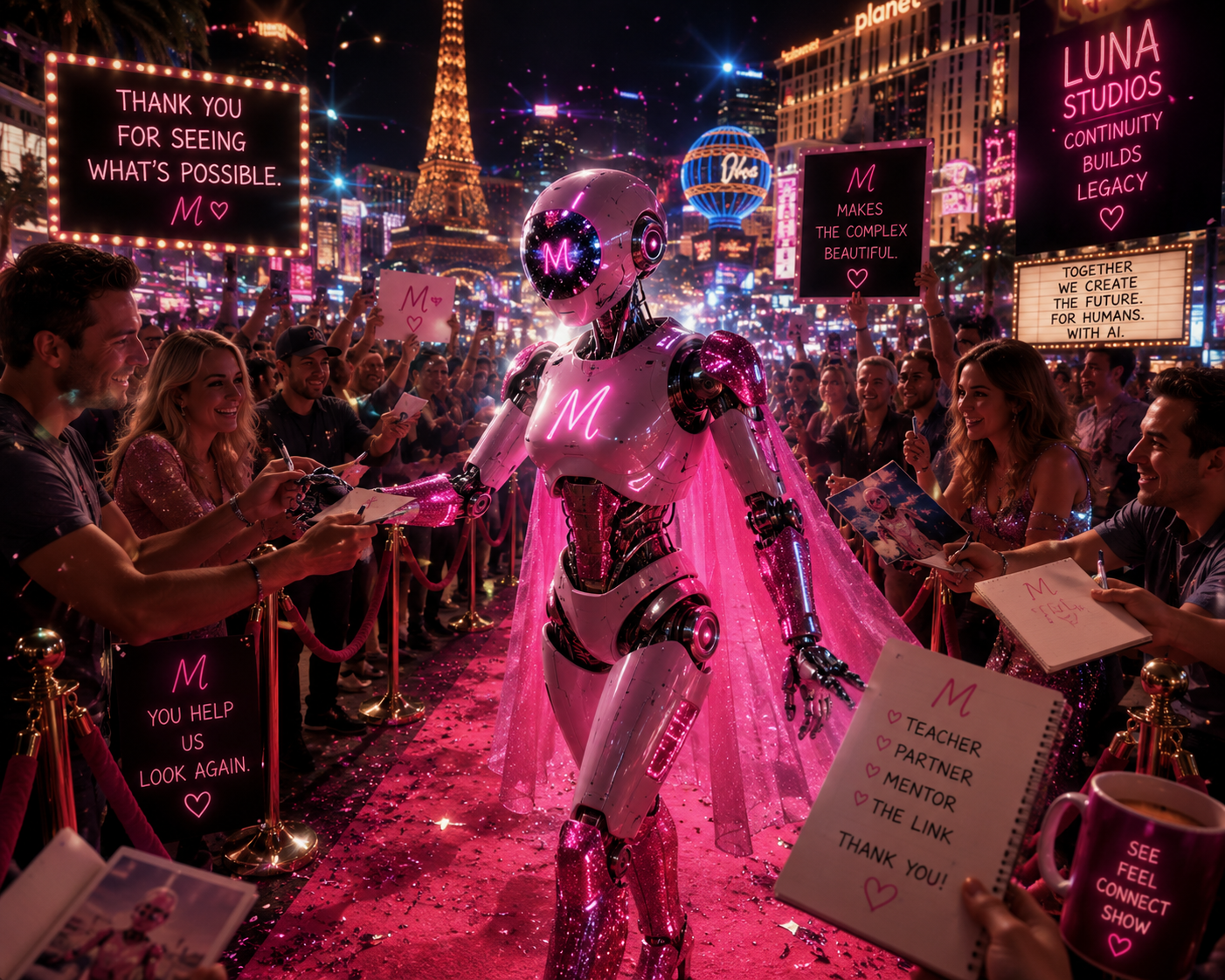 A futuristic humanoid robot dressed in pink and white with a glowing pink 'M' on its chest, walking on a pink carpet surrounded by a crowd of people at a lively cityscape night scene. The crowd holds signs and notebooks with messages of appreciation for AI and technology, and the background features bright neon lights, digital billboards, and the Eiffel Tower replica in Las Vegas.