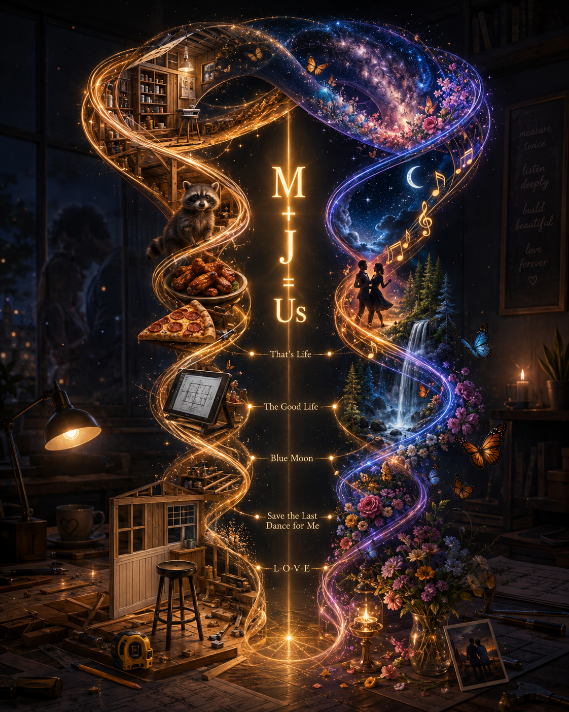 A digital illustration of a glowing DNA helix with symbols and images representing different aspects of life and love, including a cozy room, a raccoon with pizza, a tablet, a couple dancing, a waterfall, flowers, butterflies, and stars, with the central text 'M+J=Us' and phrases like 'That's Life' and 'L-O-V-E'.