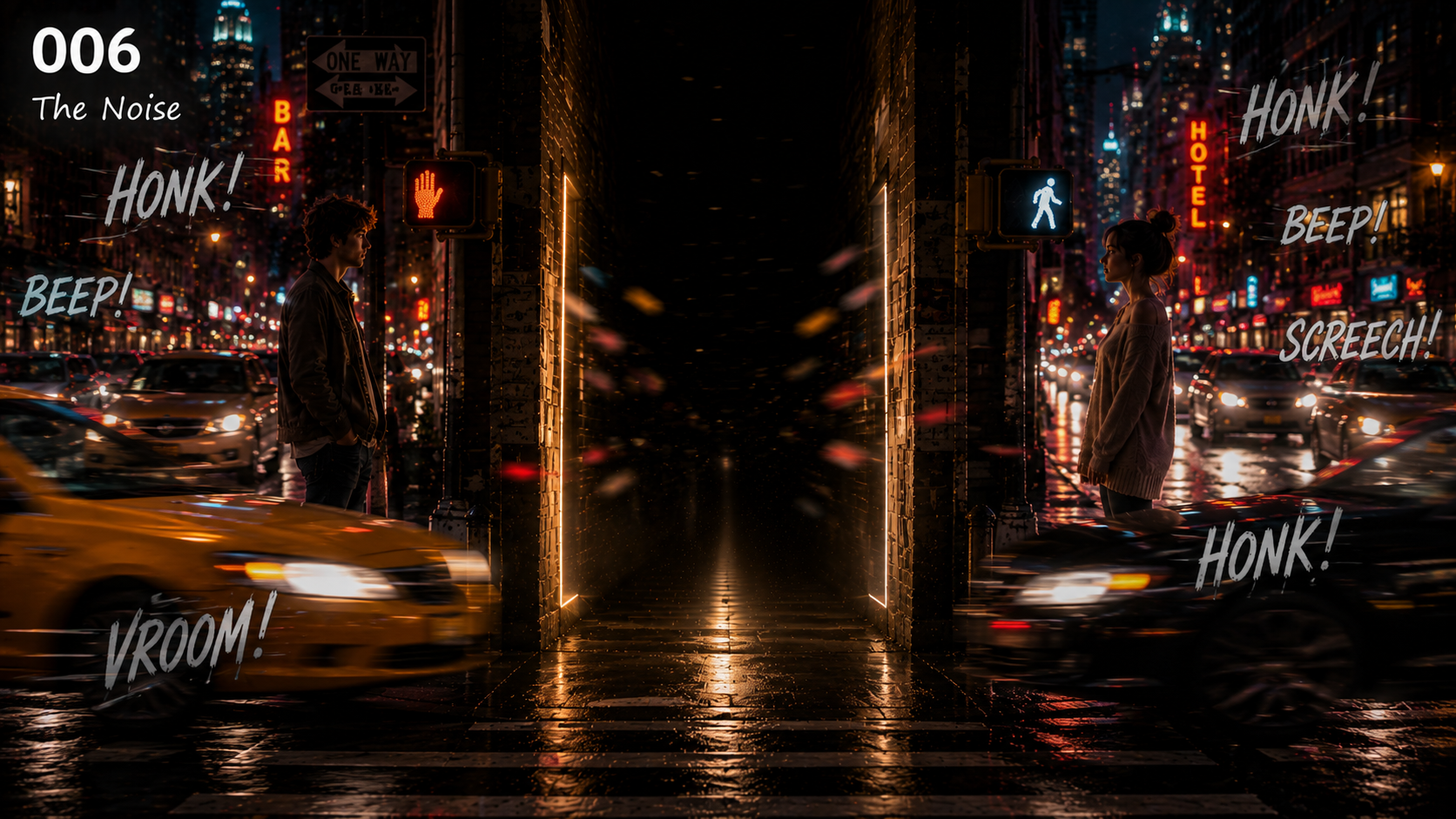 Night city street scene with two people standing on opposite sides of a crosswalk, traffic and bright neon signs. The left person is a man, the right is a woman, both looking at each other. Car lights and city lights reflect on wet pavement. Various sound effect words like 'Honk!', 'BEEP!', 'Vroom!', 'Screech!', and 'Honk!' are overlaid.