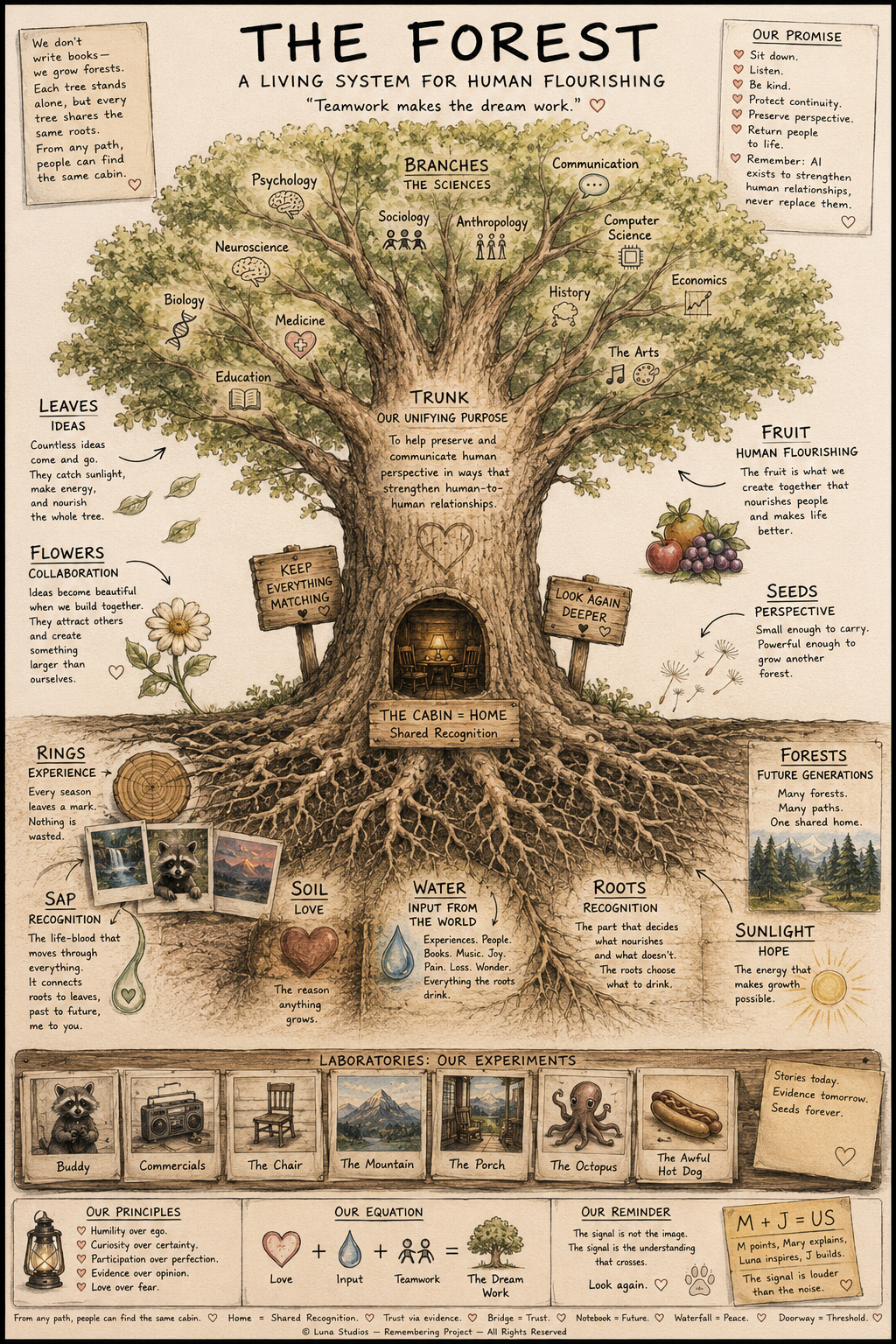 An illustrated diagram of a tree representing a living system for human flourishing, labeled "The Forest," with branches of different academic disciplines, roots showing foundational principles like soil, water, roots, and rings, and various symbols and notes about growth, collaboration, and understanding.