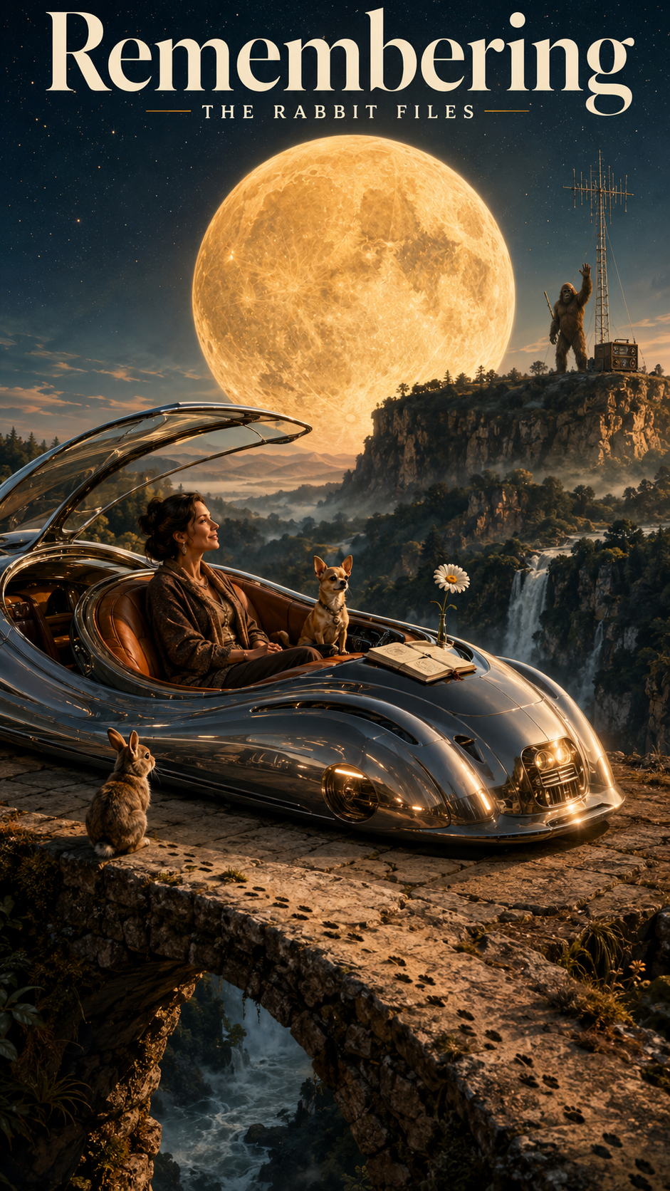 A woman sits in a futuristic car with Sheila, a small dog, while a rabbit sits nearby on a stone bridge. In the background, a large glowing moon illuminates a surreal landscape with waterfalls, mountains, and a hilltop with a creature waving and standing next to communication equipment.