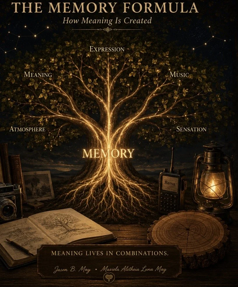 An illustrated tree representing the memory process, with branches labeled 'Expression', 'Music', 'Meaning', 'Atmosphere', and 'Sensation'. The trunk and roots are glowing, with the word 'Memory' at the center. Surrounding objects include a camera, an open sketchbook with a tree drawing, an old radio, a lantern, and a wooden slab, all set against a dark, starry background with trees and mountains.