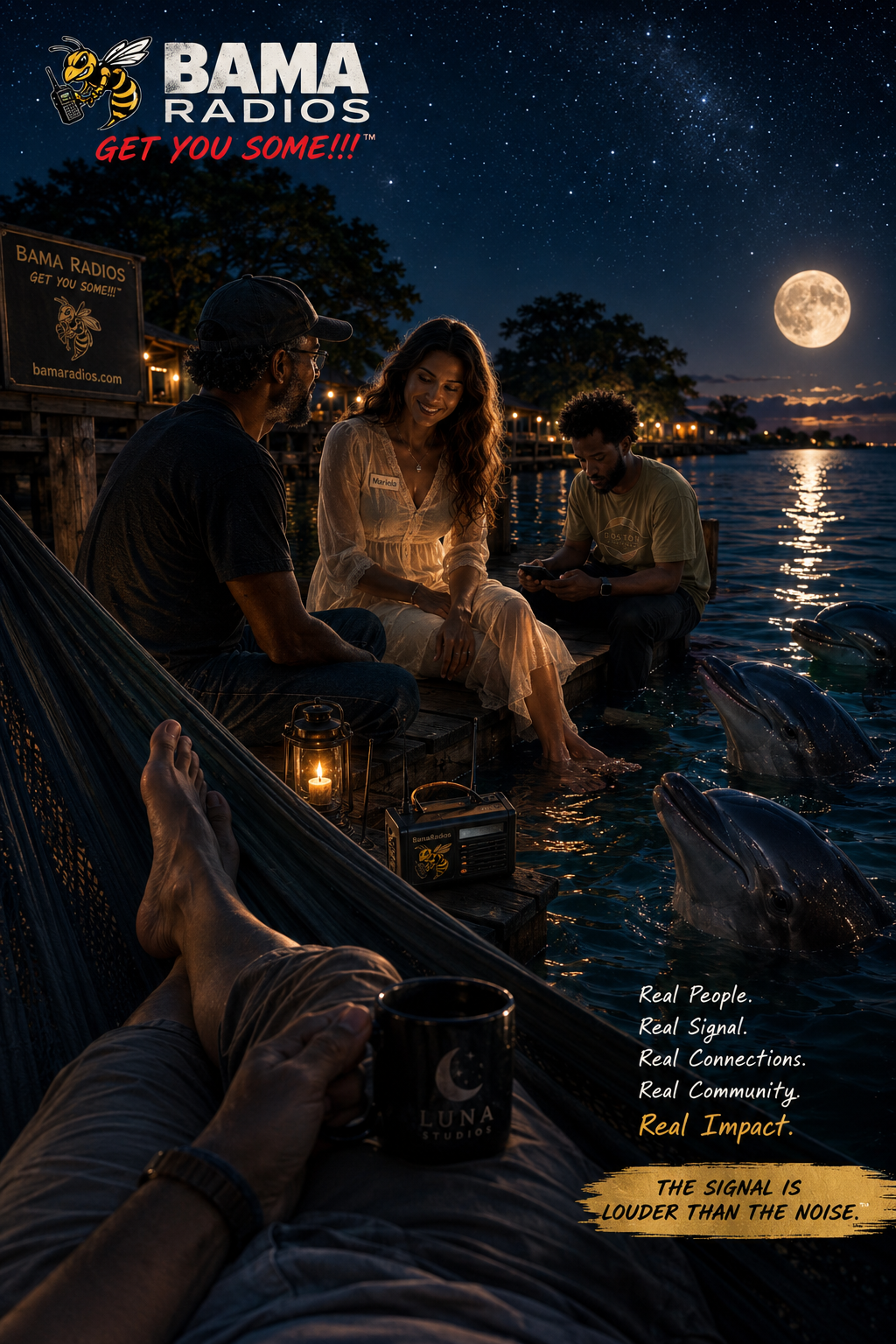 A group of three people sitting on a wooden dock by the water at night, with a starry sky and full moon overhead, dolphins visible in the water near the dock, and a lantern and radio on the dock. The scene is relaxed and social, with one person in a hammock holding a mug, and a banner in the background promoting BAMA Radios.