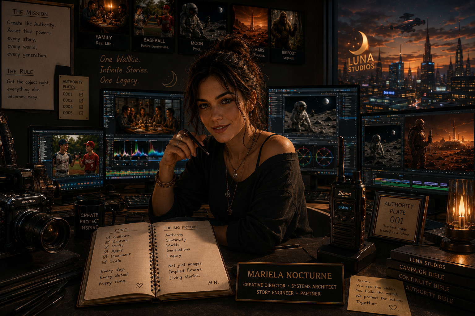A woman sitting at a desk filled with photography equipment, multiple computer monitors displaying space-themed images, and notebooks with notes about storytelling and authority. She has dark, curly hair, wears a black shirt, and is smiling while holding a pen.