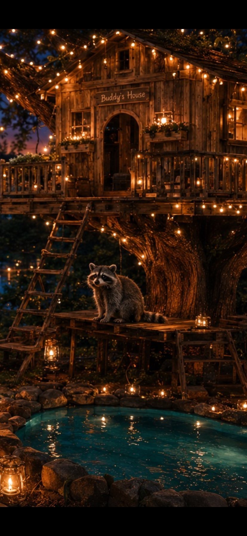 A rustic treehouse decorated with string lights, mounted in a large tree, with a sign that says 'Buddy's House.' There is a small pond surrounded by rocks below, and a raccoon sitting on a wooden platform near the tree. Lanterns are placed around the area, creating a cozy evening atmosphere.