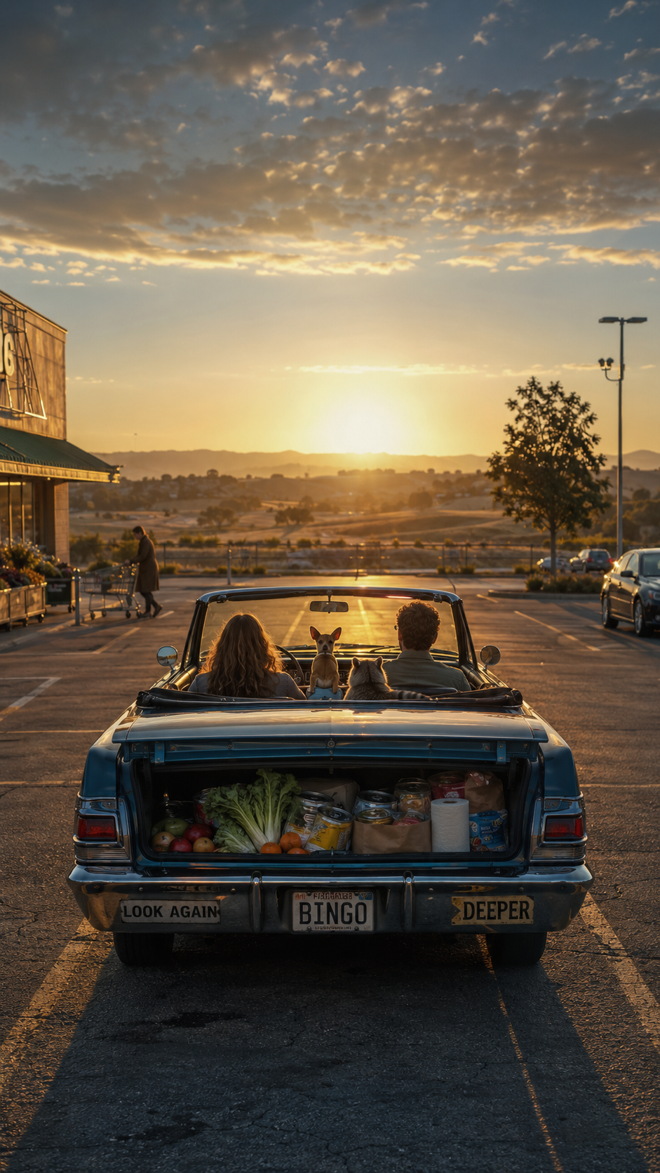 A classic blue convertible car parked in a parking lot at sunset, loaded with groceries in the trunk and two people with two pets in the backseat, watching the sunset.