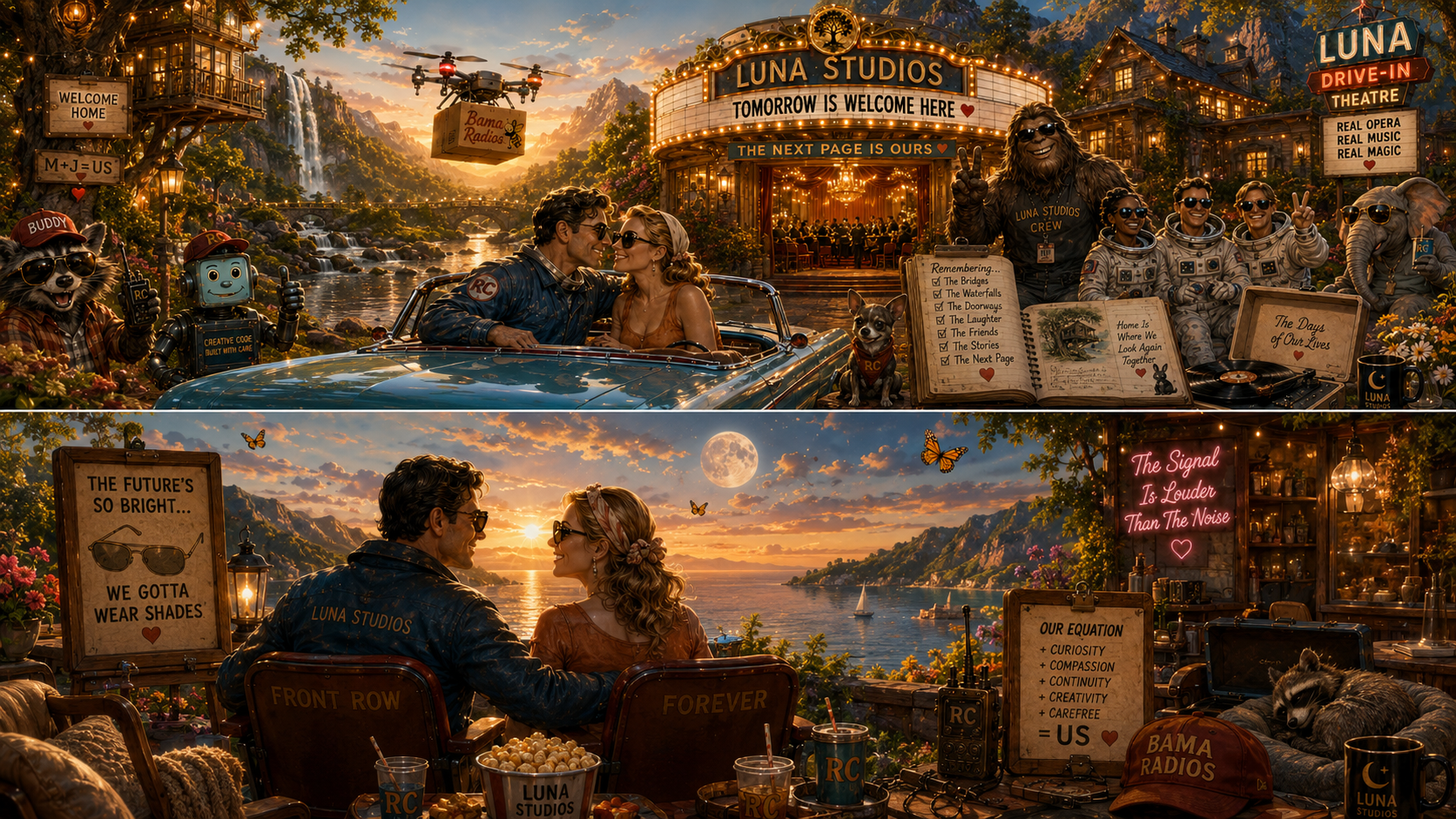 A collage depicting a whimsical, cinematic scene at sunset with a couple sitting on a balcony overlooking the sea, a lively outdoor gathering at Luna Studios with people, robots, animals, and a film marquee, and a forest with a waterfall and mountains in the background.