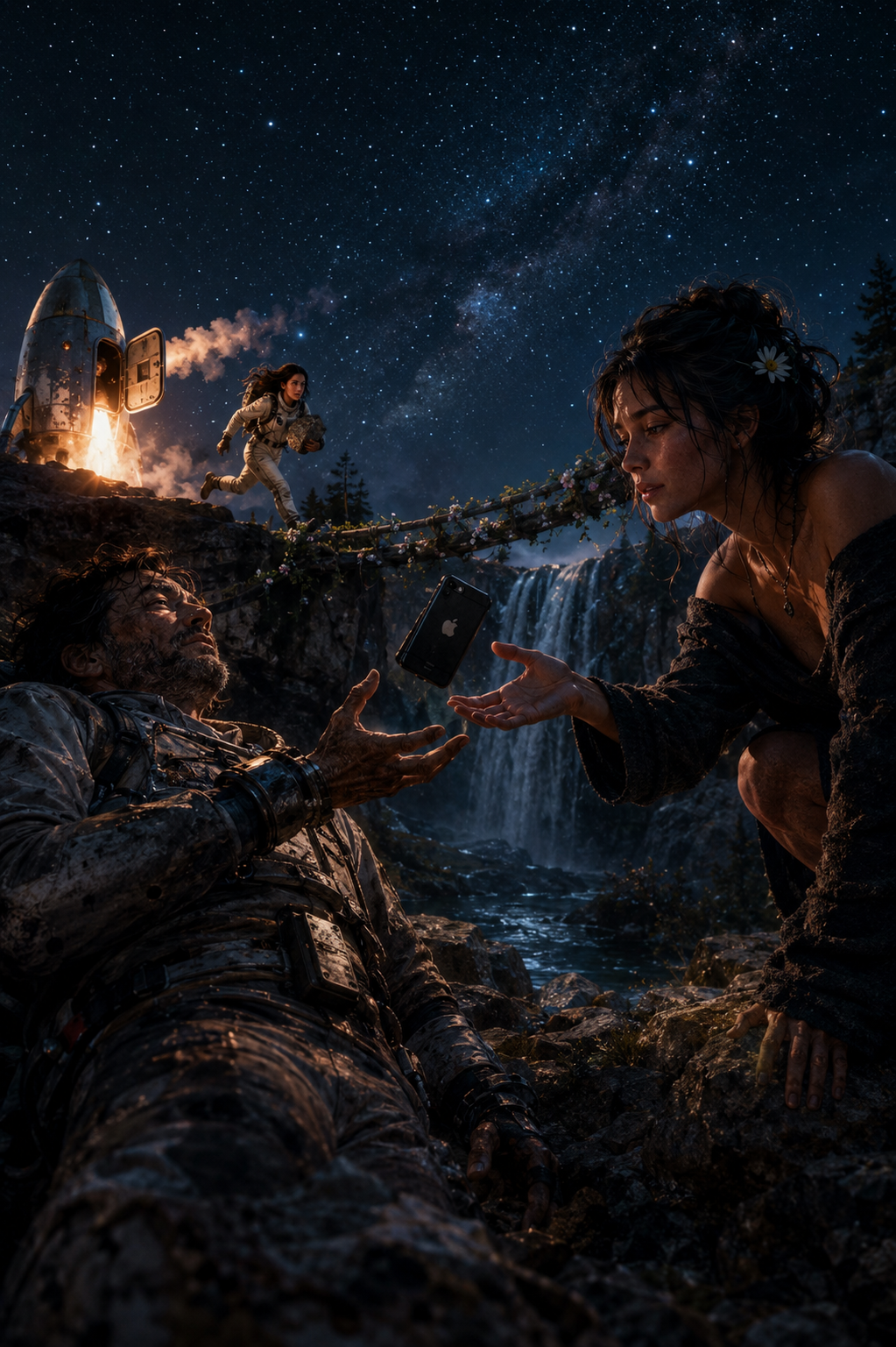A group of astronauts and civilians in a surreal outdoor setting with a starry sky, waterfall, and rocket, where a man in space gear holds a phone passing it to a woman, a woman with flowers in her hair kneels, and a woman in a space suit runs towards them.