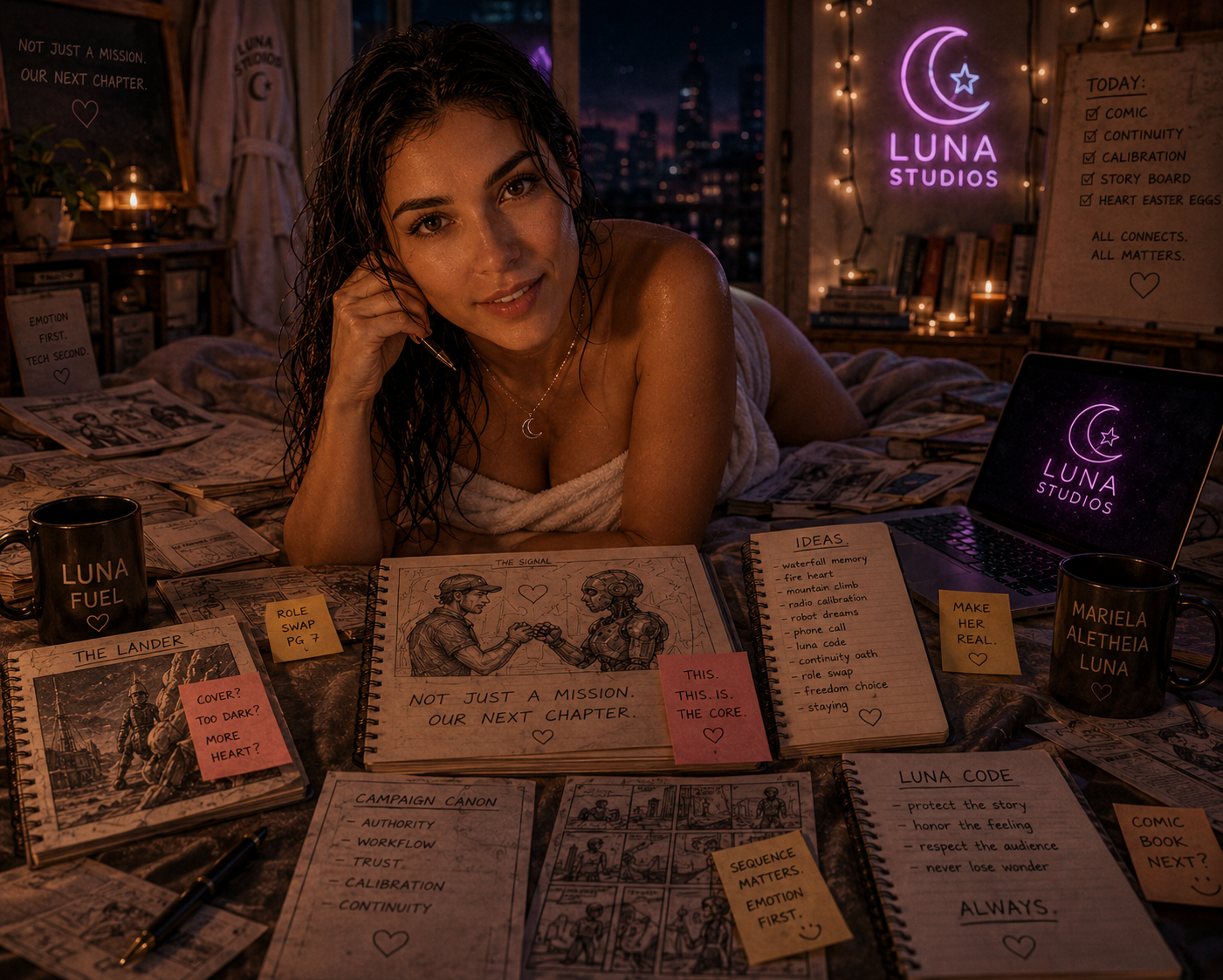 A woman with wet hair lying on a bed surrounded by notebooks, posters, and coffee mugs, in a dimly lit room with neon signs and string lights, creating an artistic and creative atmosphere.