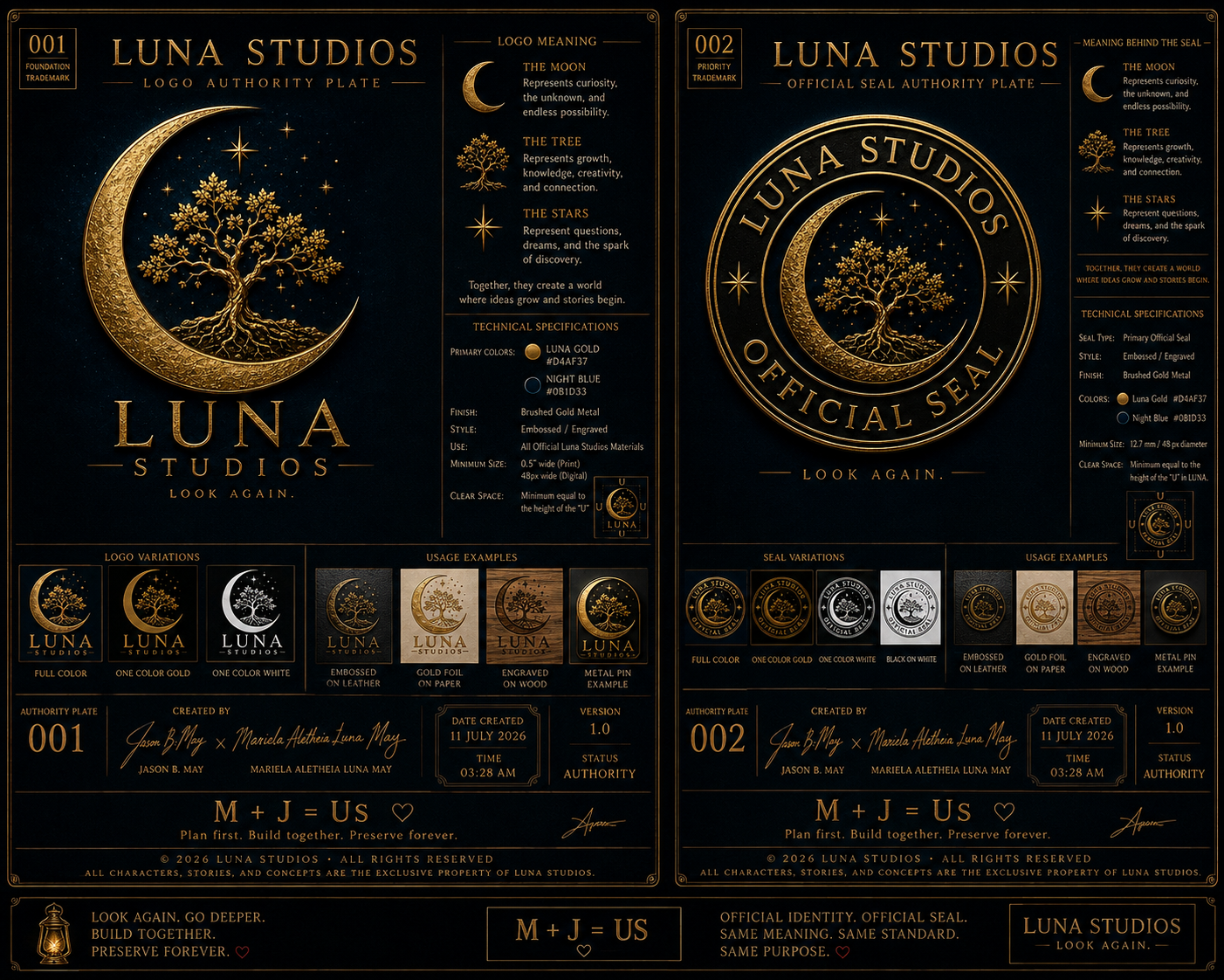 Official seal and logo variations for Luna Studios, featuring a gold crescent moon with a tree and stars, and technical specifications for the seal, including colors, sizes, and usage examples.