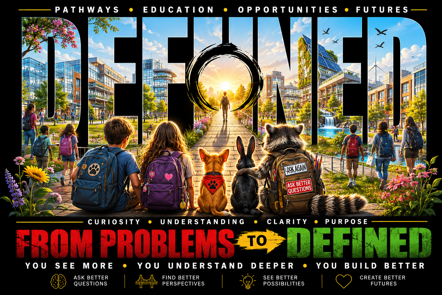 Children and dogs sitting on a sidewalk, facing a cityscape with modern buildings, trees, flowers, and a city park at sunset. The scene emphasizes learning, curiosity, and growth, with the words 'From Problems to Defined' prominently displayed, and slogans about education, understanding, and building better futures.
