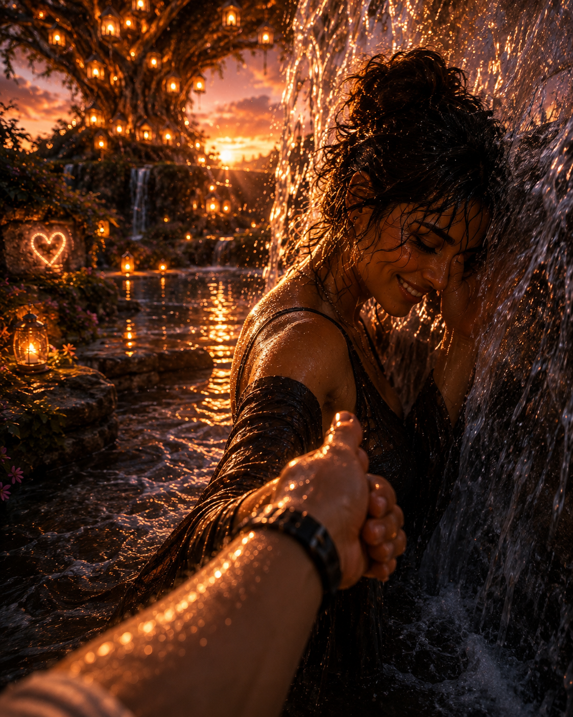 A woman with wet hair in a black dress is holding hands with someone, smiling under water in a waterfall during sunset, decorated with lanterns and string lights.