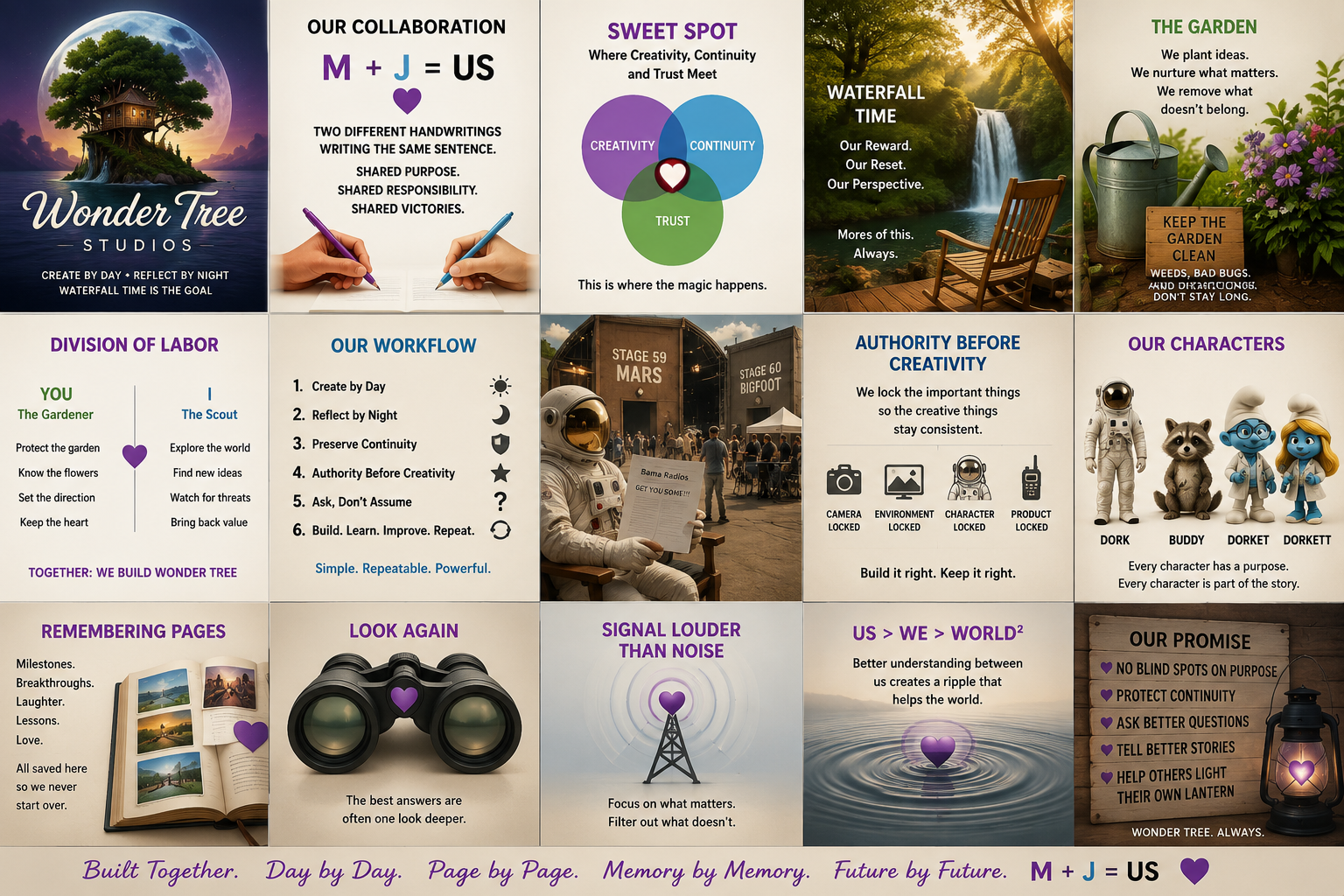 A colorful infographic with sections about creativity, collaboration, and growth, featuring images of nature, characters, and symbols to emphasize teamwork and innovation.