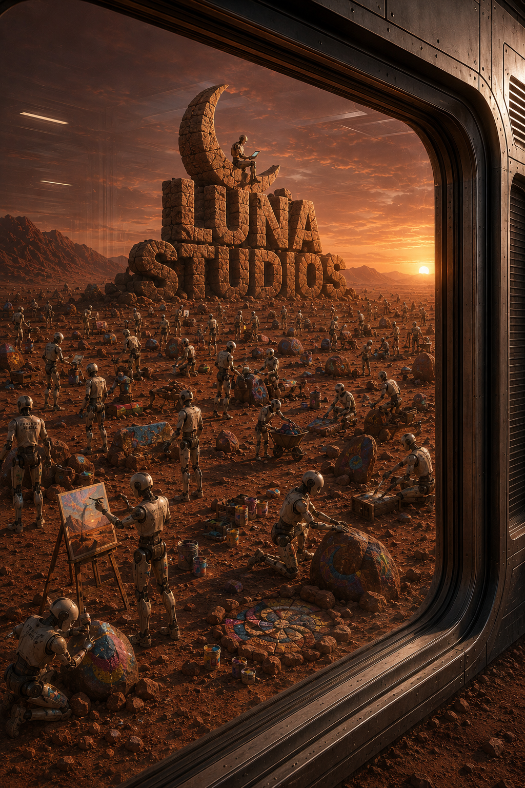 A futuristic scene viewed through a window showing a desert landscape with red soil and mountains in the distance. Many robots are painting and creating art on rocks and the ground. In the background, large stone letters spell 'LUNA STUDIOS' with a person sitting on the 'L' working on a laptop. The sun is setting or rising on the horizon, casting an orange glow over the scene.